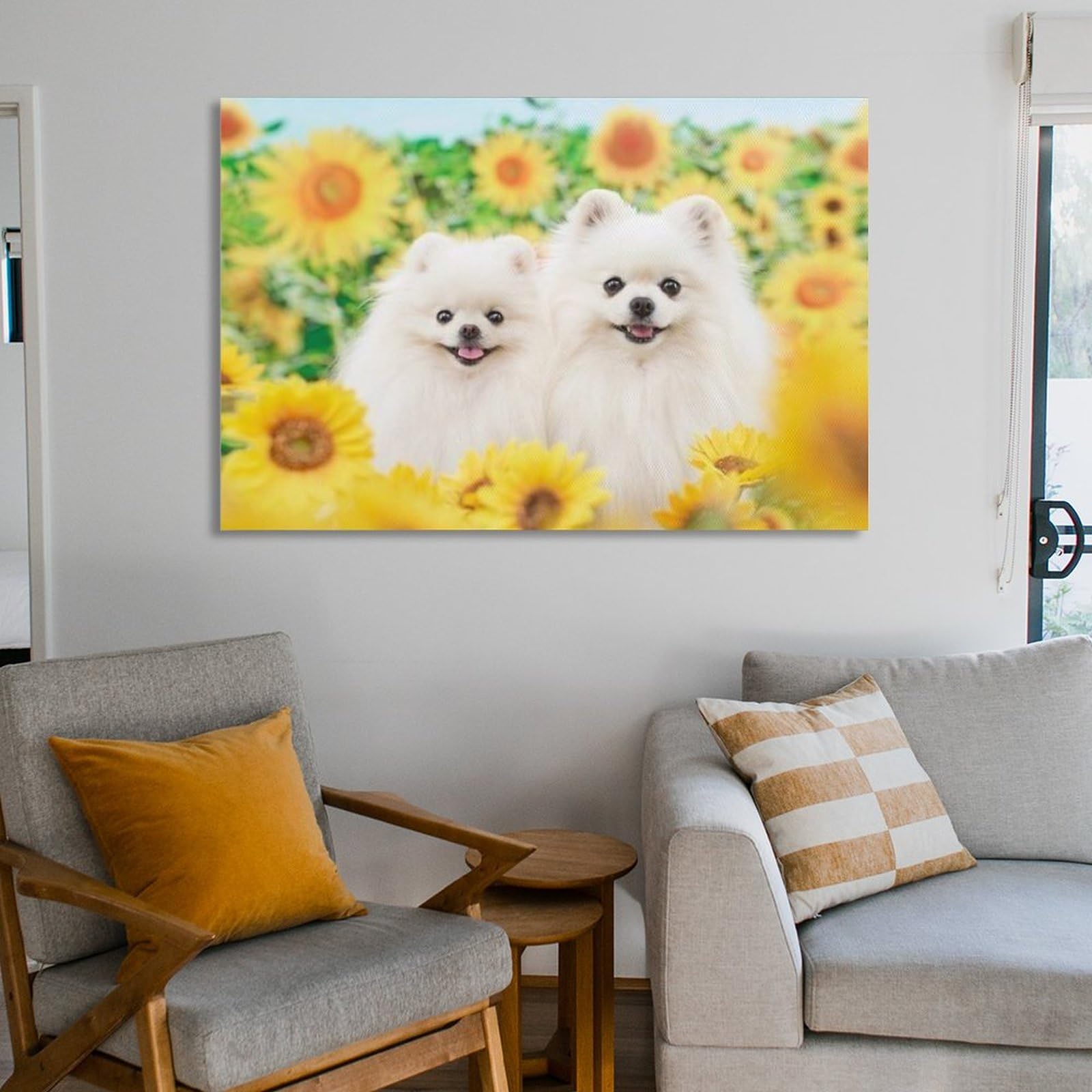 Amazon.co.jp: 絵画 ひまわり畑にいる2匹のポメラニアンインテリア