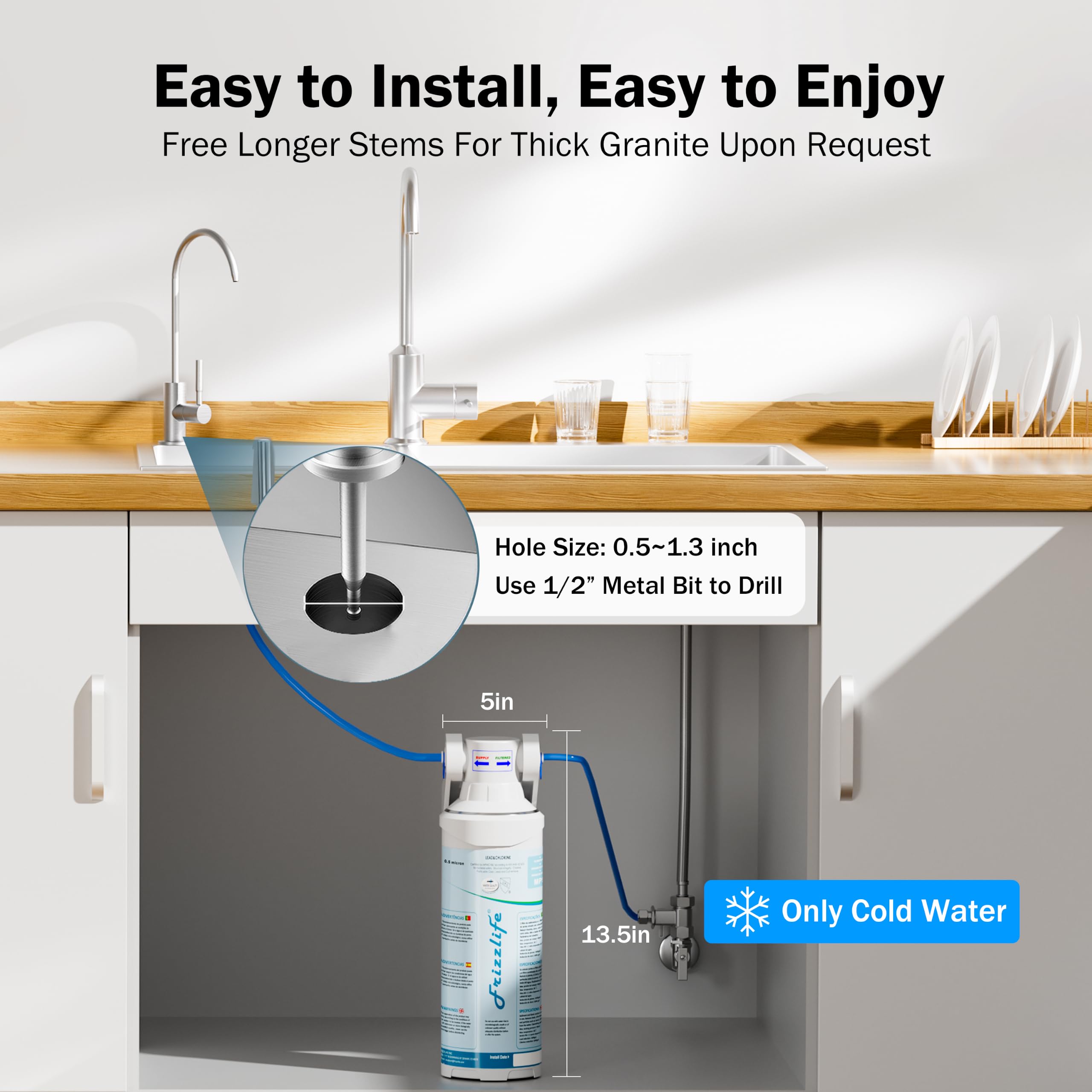 Frizzlife Filtre à eau sous évier – Système de filtration d'eau potable certifié NSF/ANSI 53 et 42 – 0,5 micron, élimine le plomb, le chlore et les odeurs, réduit le fluorure, avec robinet dédié