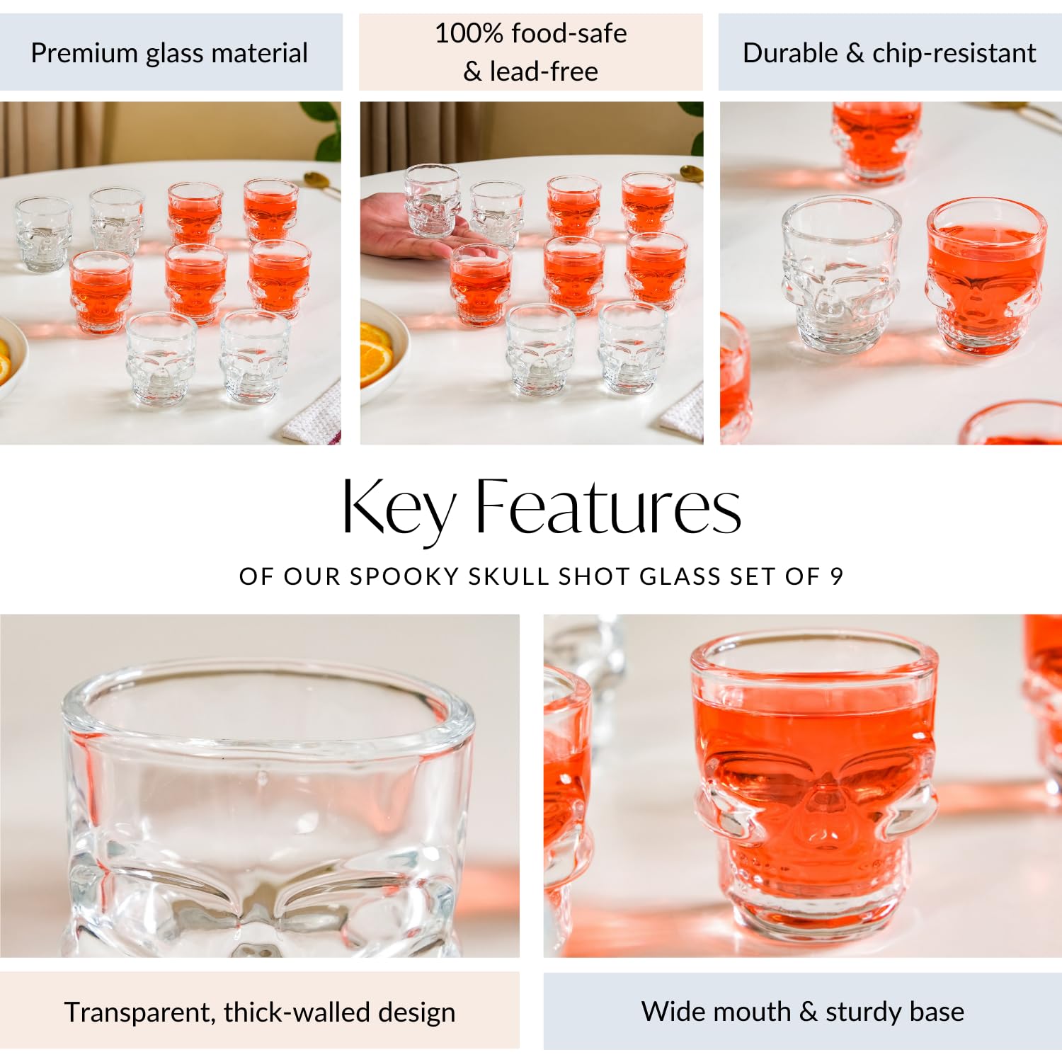 Nestasia Shot Glasses Set of 9 Skull-Shaped | Premium Lead-Free, Durable Glassware for Vodka, Tequila, and Unique Parties (50Ml), Transparent 3
