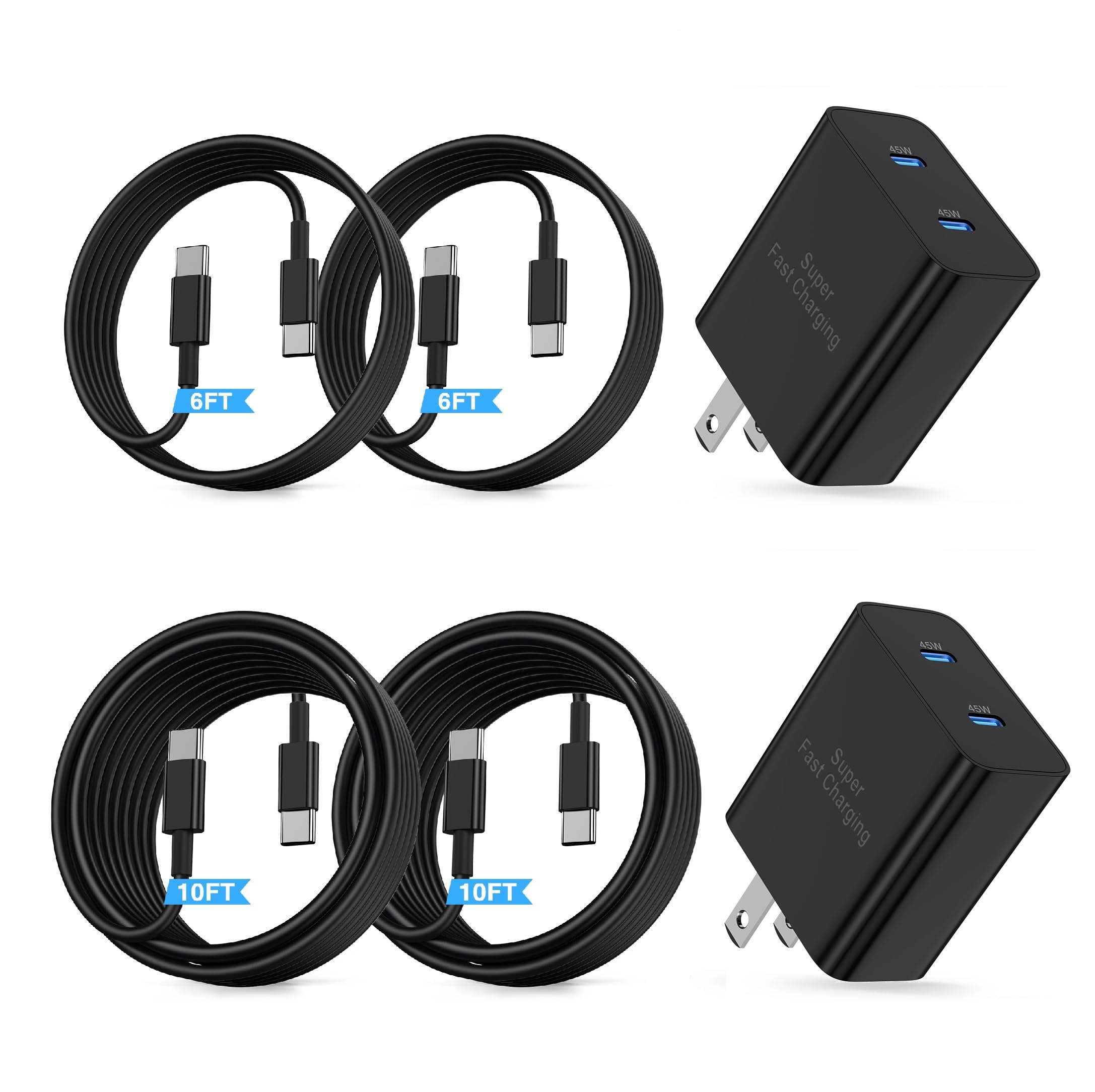 Dual Port 45W Super Fast Charger and Type C Cable 10ft 6ft,USB C Wall Charging Block,Android Phone Charger Cord Long for Samsung Galaxy S25/S24 Ultra/S23+/S22 Plus/S21/S20/Note/iPhone 17 16 15 Pro Max
