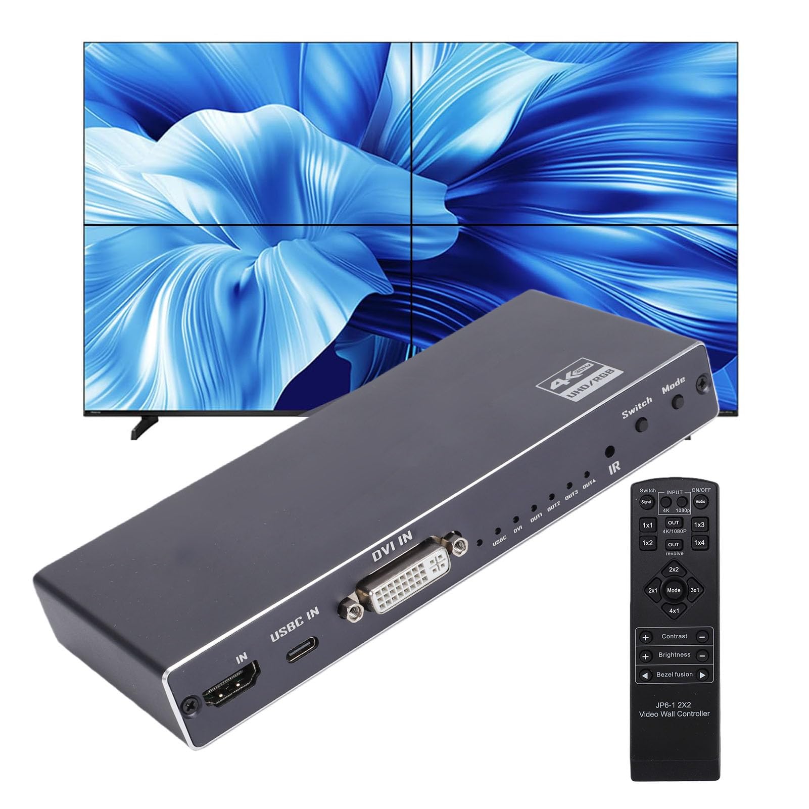 Controller per videowall 4K 2x2 con robusto design in metallo. | Controller da parete USB-C per TV, DVI multimediale HD a 30 Hz, 13 modalità di giunzione, rotazione di 90°, Plug and Play