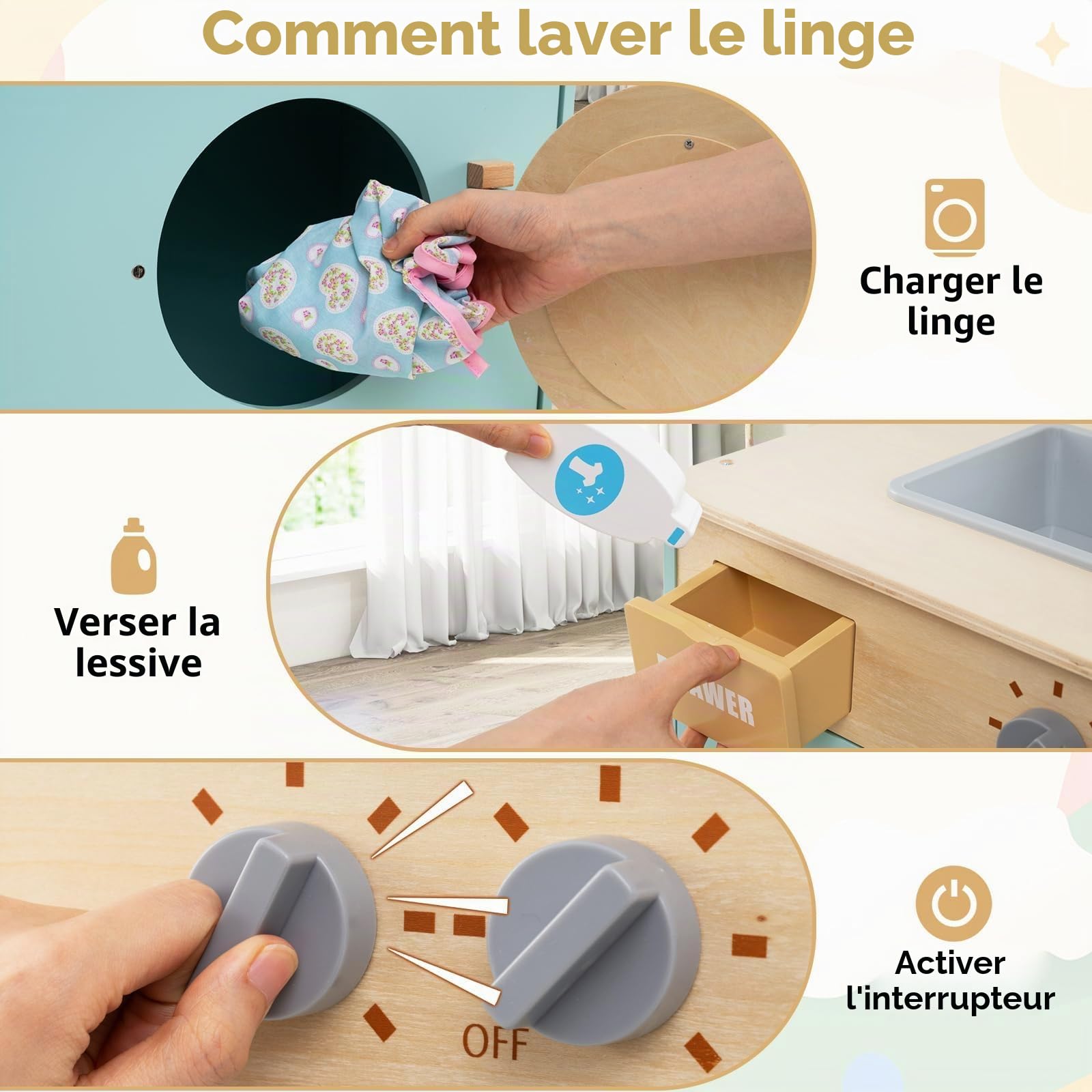 FANTASK Kit de Machine à Laver pour Enfants en Bois avec détergent et désinfectant pour Les Mains, kit de Linge avec évier, tiroir et molette pour Enfants à partir de 3 Ans