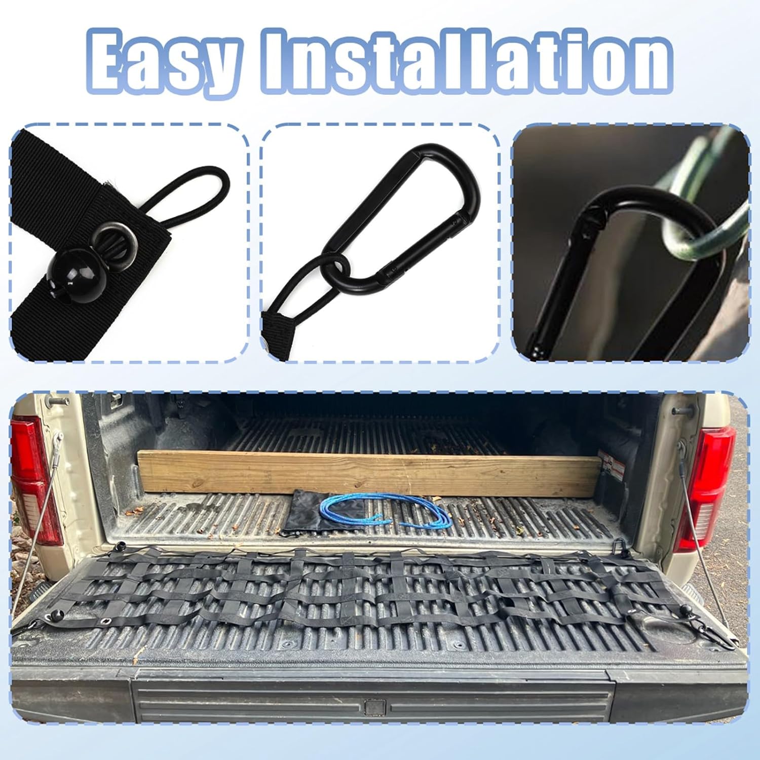 JSCARLIFE Heavy-Duty Truck Tailgate Net 60″x18″ - Cargo Load Securer with 4 Bungee Balls & Hooks, Universal Polyester Mesh Netting for Pickup Bed, Anti-Slip Anti-Shift
