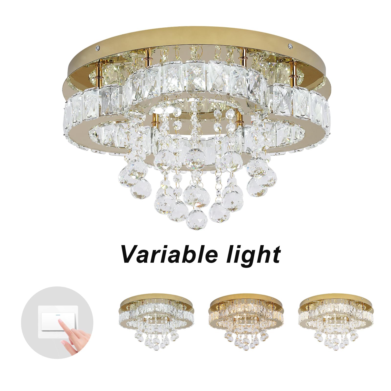 GreeLustr Moderne Kristall Kronleuchter für Wohnzimmer, Variables Licht Deckenleuchte Kristalle mit Elegantem Design für Schlafzimmer Flur Küche, Golden Deckenlampe Kristall für Decke (40cm)