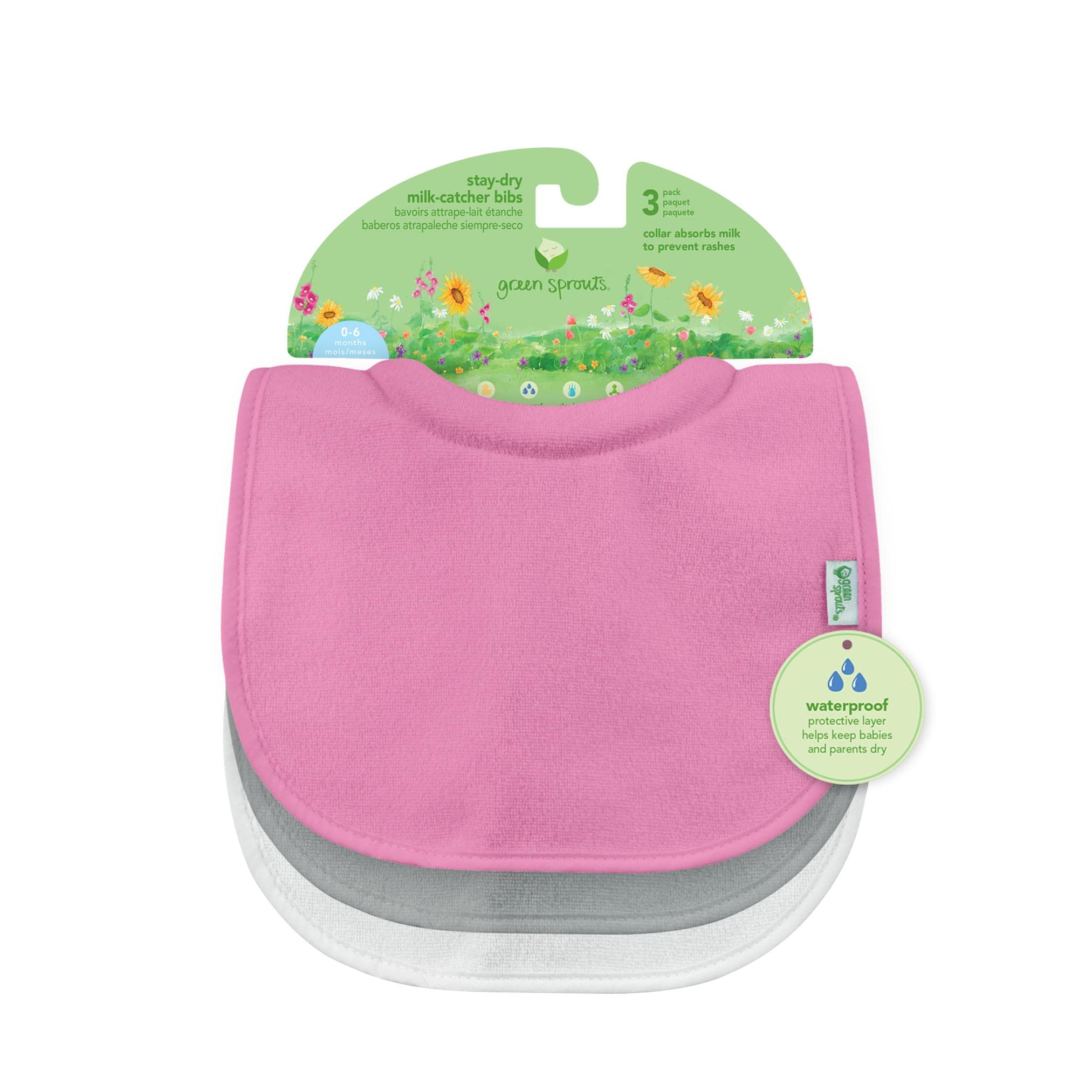 green sprouts Stay-dry Milk Catcher Bibs (3 Pack) | Collar absorbs milk to prevent rashes | Waterproof inner layer, Absorbent terry cotton, Machine washable