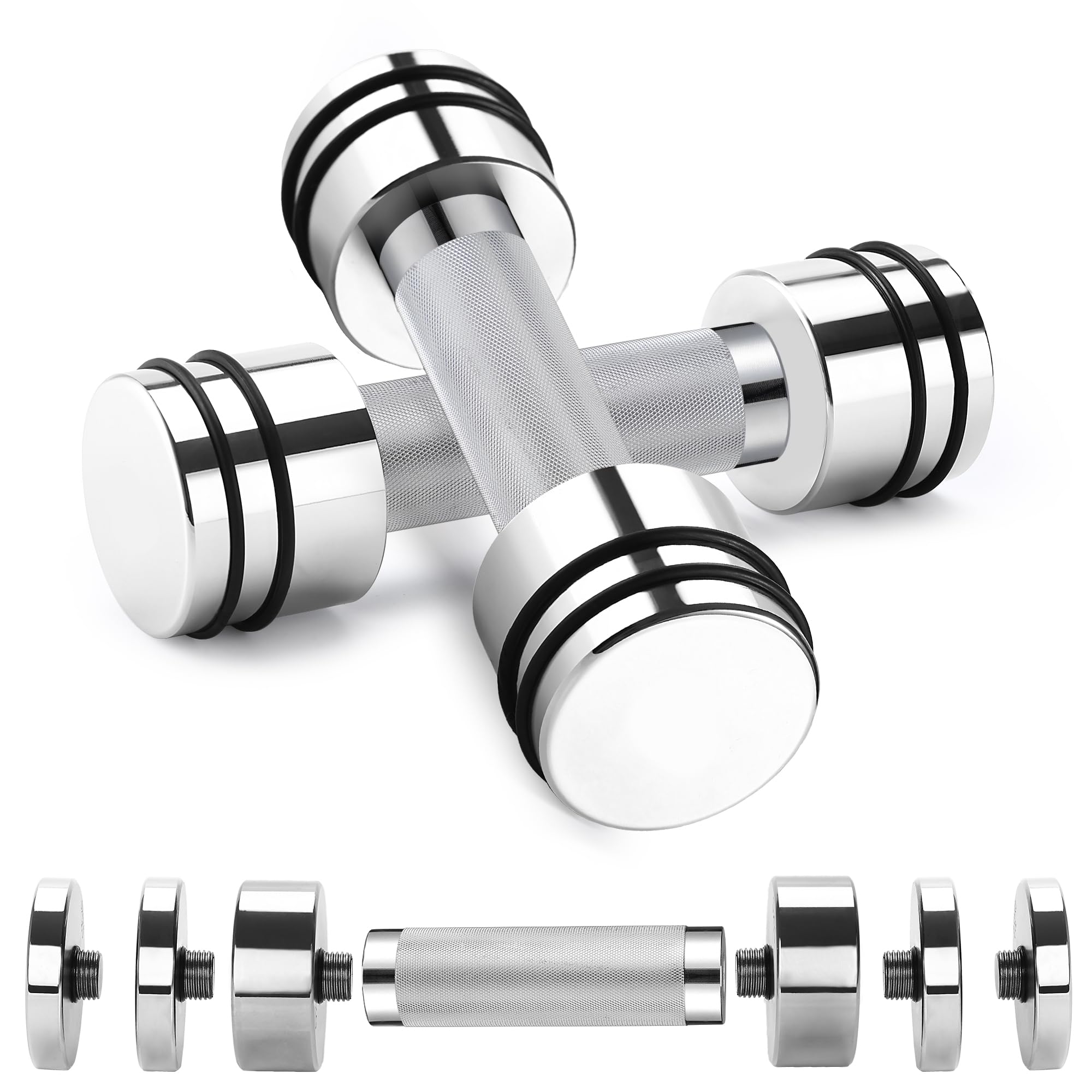 FEECCO Adjustable Weight Set, 5/7.5/10kg, Silver, Steel Handle, 2 Pieces Dumbbells