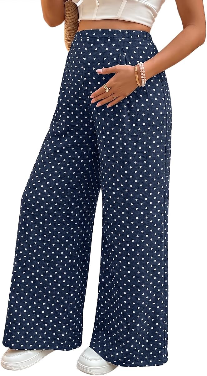 BLENCOT Women's Maternity Flowy Pants Polka Dot Pregnancy Trousers