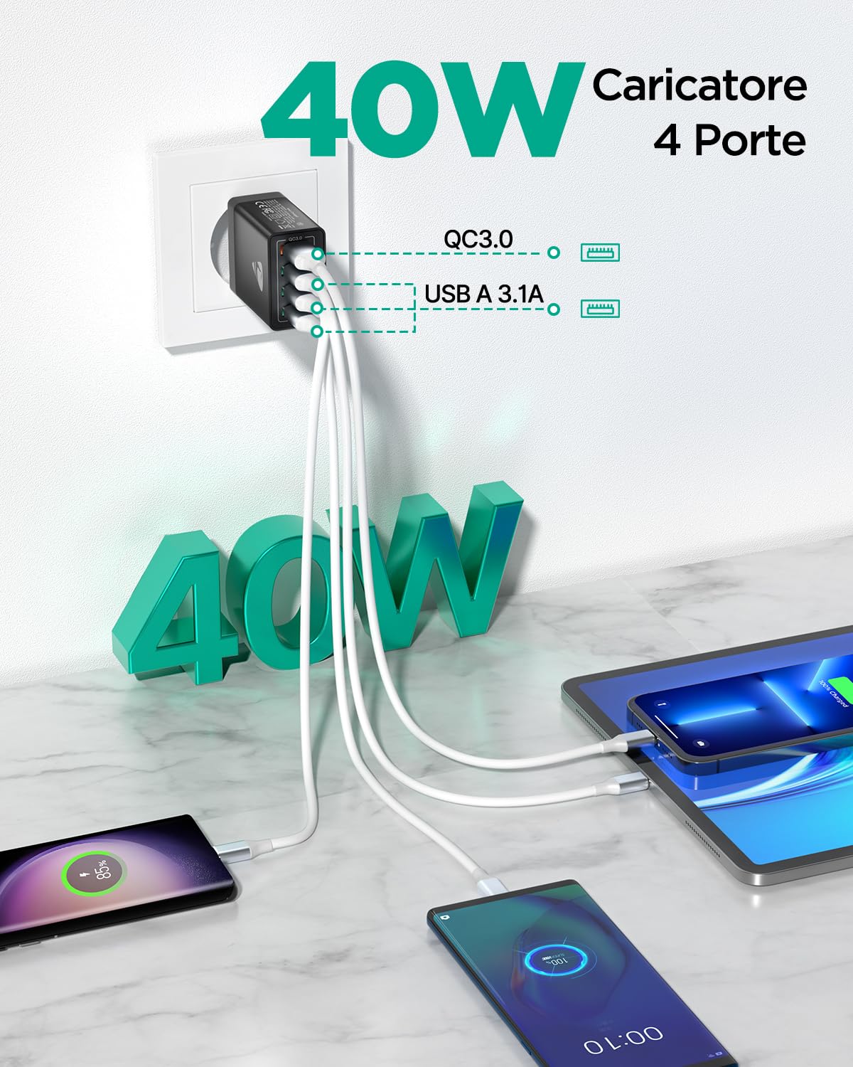 Caricatore USB, 4 Porte CaricatoreUSB da Muro 40W QC 3.0 Carica Rapida Caricabatterie USB Multiplo Alimentatore PresaUSB per Samsung Galaxy S21 S20 A71 A51,iPhone 15 14 13 12 11 X, Xiaomi, Huawei