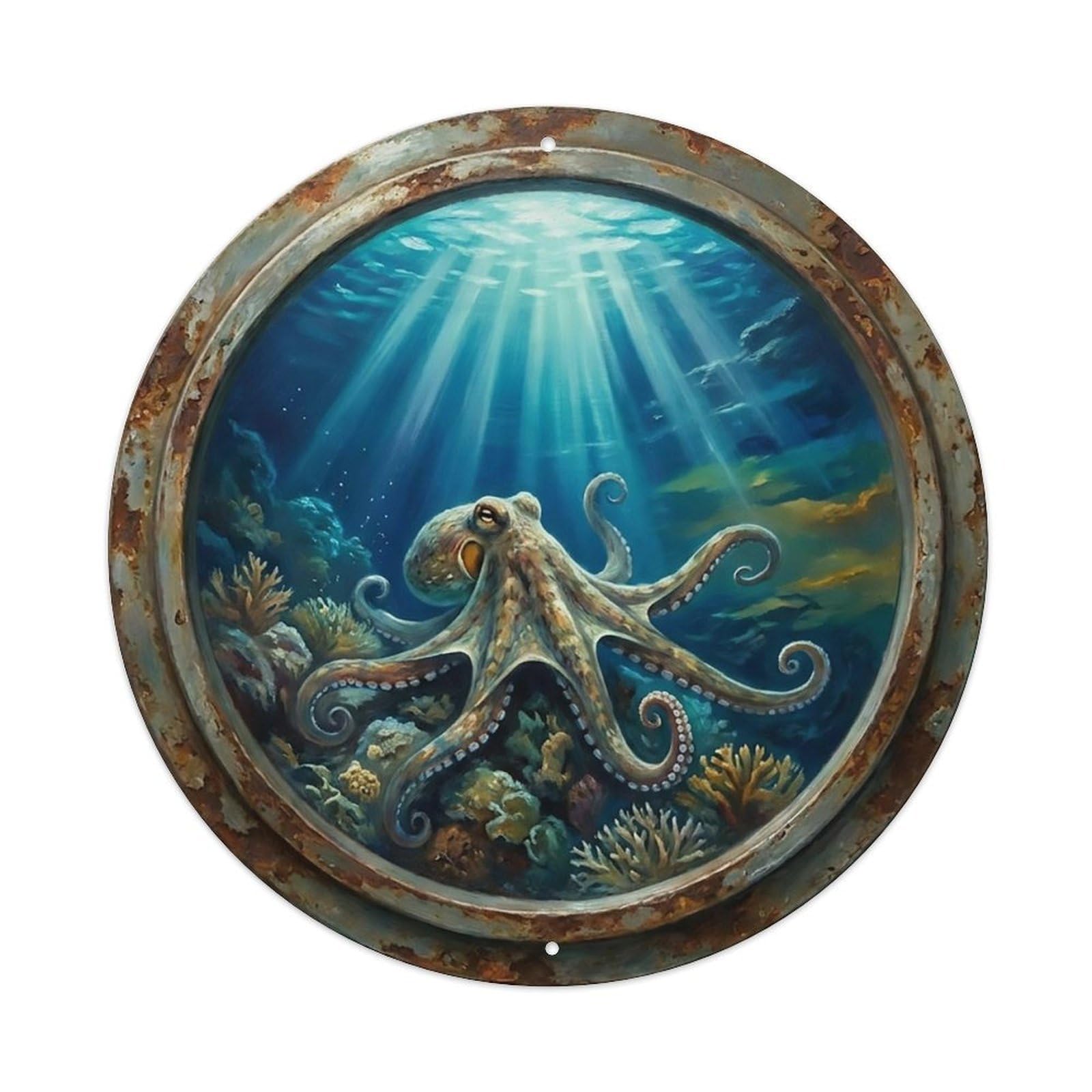 Vintage Porthole Octopus Camouflage Ship Window Undersea Deep Sea Metal Tin Sign