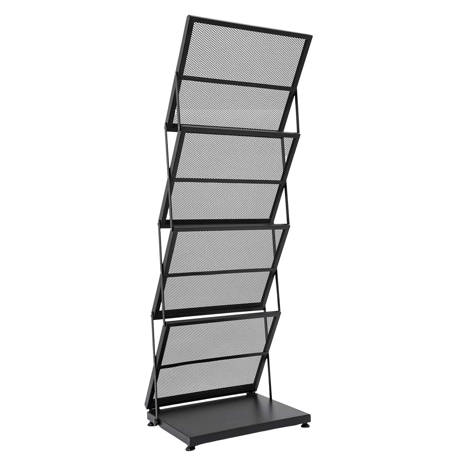 Zeitschriftenständer Metall, 4 Etagen Prospektständer mit schrägem Design, Faltbarer Magazinhalter Ständer mit Schutzgeländern, A3 Zeitungsständer für Büro, Schule, Wartezimmer, Schwarz