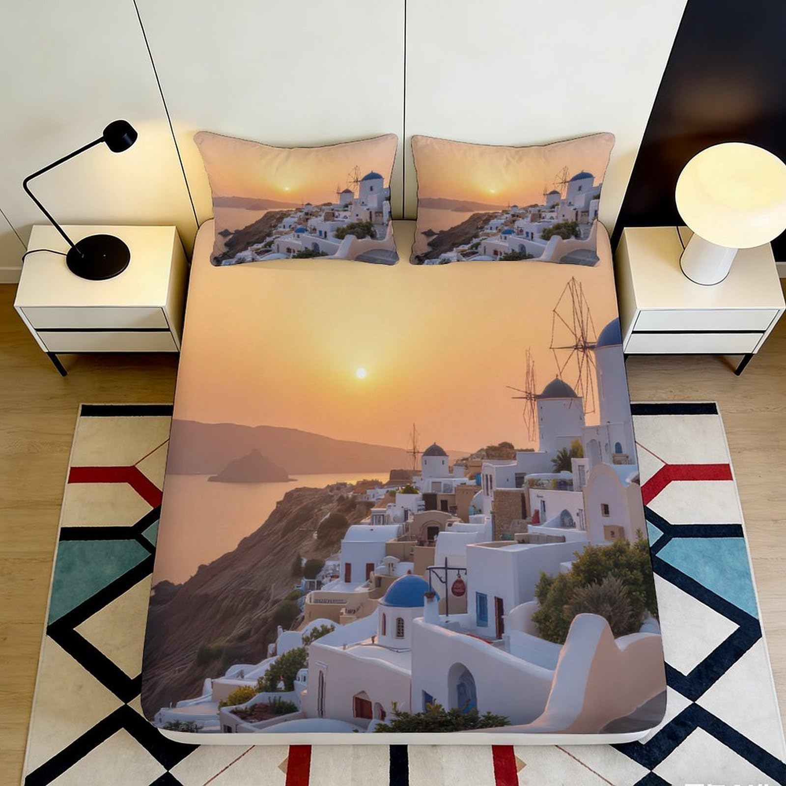 3D Printed Santorini Sunset Fitted Sheet Microfiber Soft Durable Mediterranean Village Bed Cover for Bedroom Home Guest Room Mattress Protection 160x200x25cm