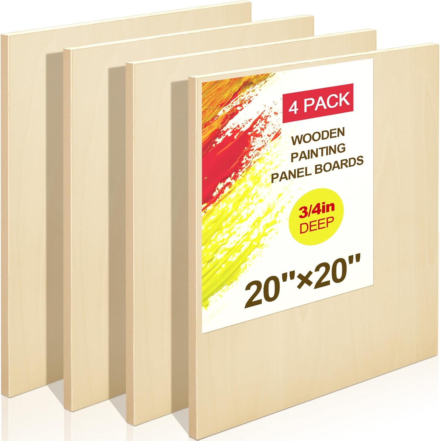 Tenceur 4 Pack 20" x 20" Birch Wood Panel Boards Kit Unfinished Wood Canvas Wooden Panel Boards for Painting 3/4" Deep Depth Wooden Canvases for Pouring Art Media Craft Burning Acrylic Oil Classic 20 x 20 Inch