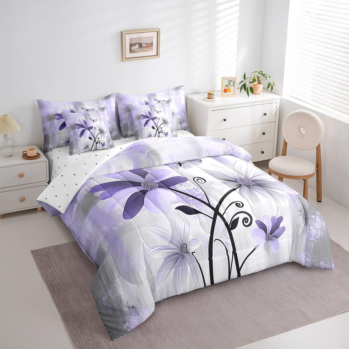 Feelyou Girls Daisy Flower Comforter Set with Sheets Queen Size 7 Pieces Kids Vintage Floral Butterfly Bedding Set for Boys Women Teens Purple White Grey Simple Modern Abstract Art Bed in a Bag