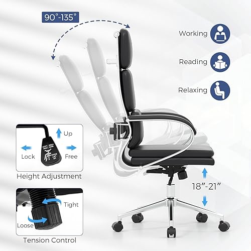 Miniatura 6 de COSTWAY Silla de oficina ergonómica de cuero, silla ejecutiva de computadora con respaldo alto con altura ajustable y función de balanceo, soporte