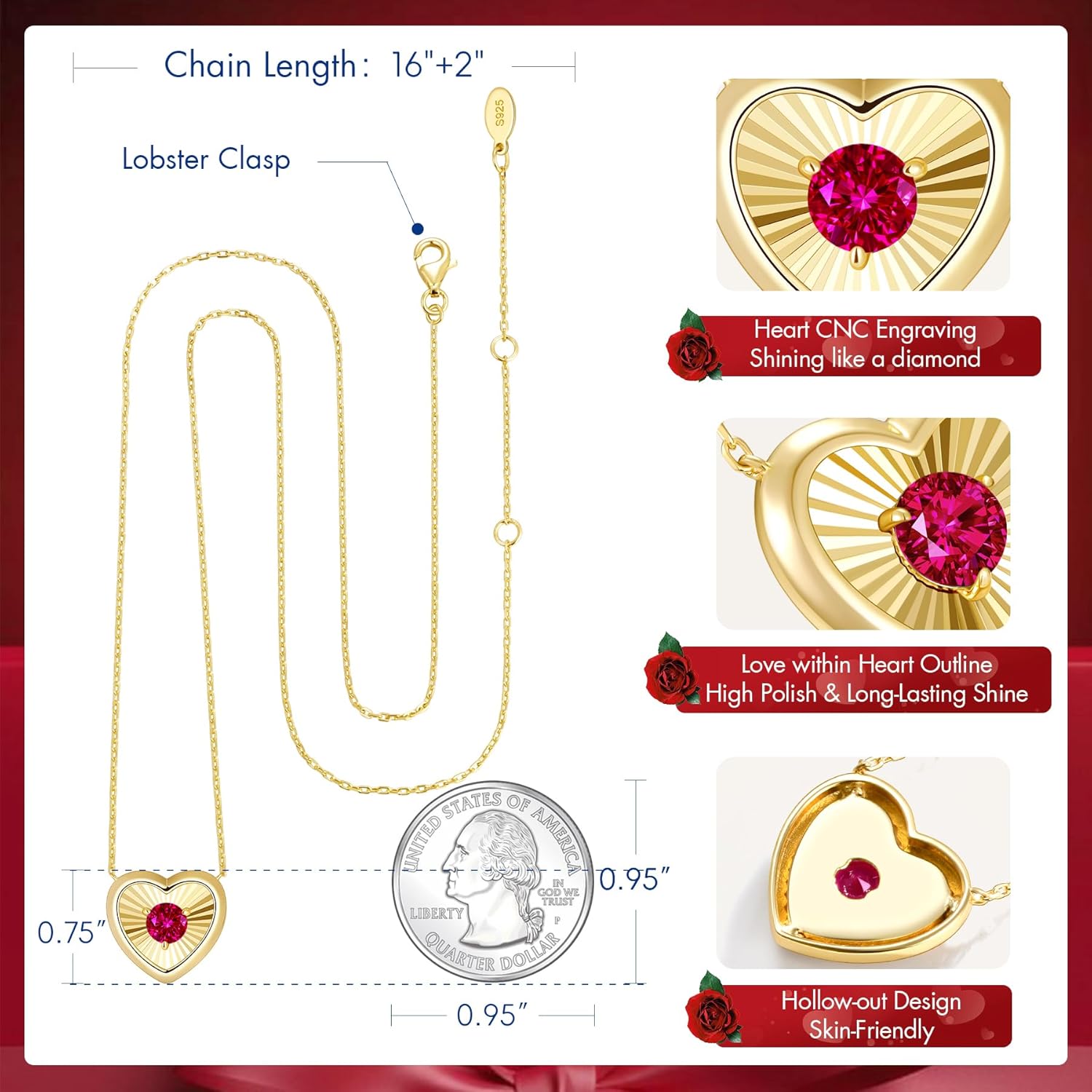 Kstyle 14K Gold Heart Pendant Necklace for Women - Birthstone for Birthday/Valentine's Day Gift, Non Tarnish Statement Jewelry for Wife/Girlfriend/Mom/Daughter (925 Sterling Silver Base) - Image 5