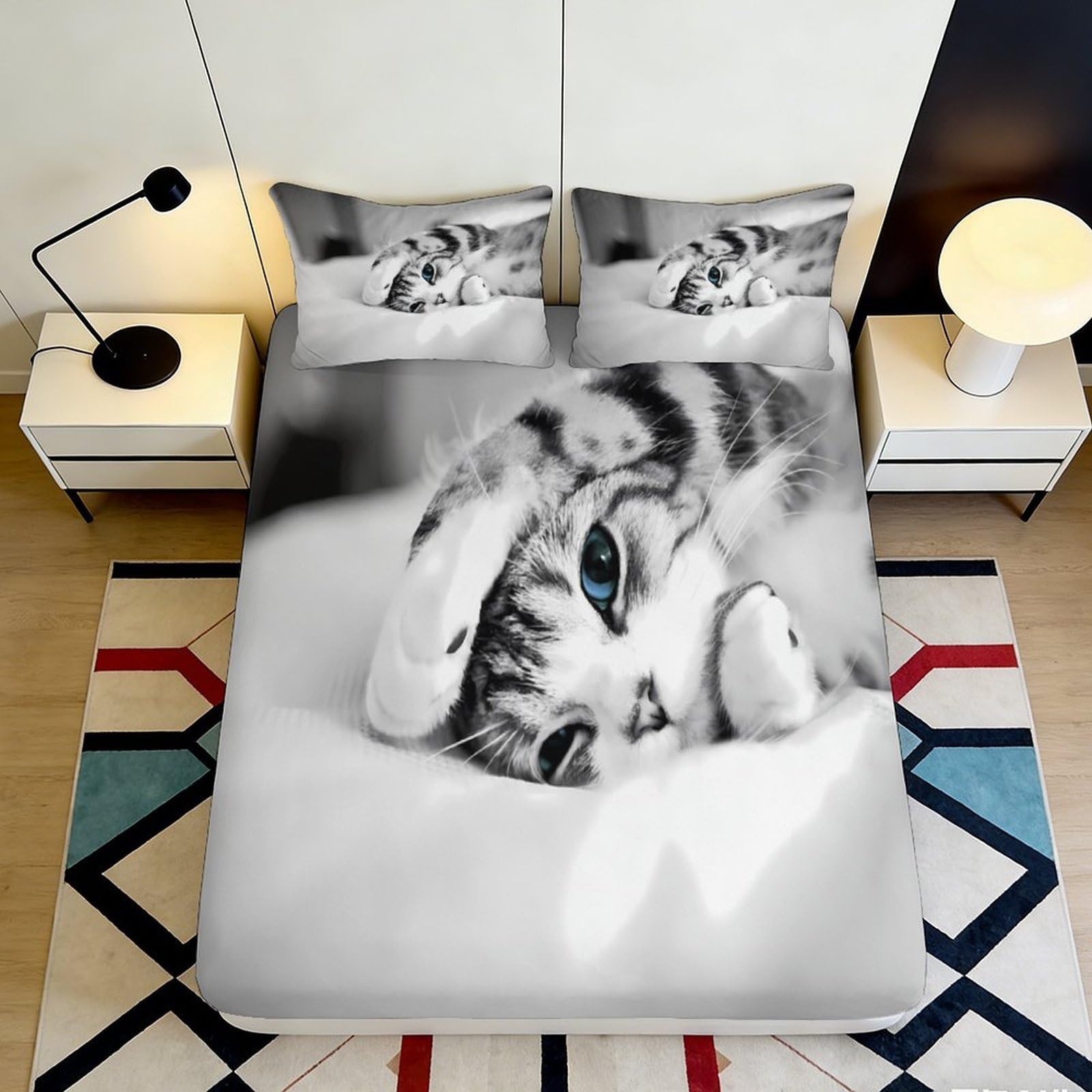 3D Printed Cat Portrait Fitted Sheet Microfiber Soft Non Slip Tabby Animal Mattress Cover for Bedroom Decor 90x200x25cm