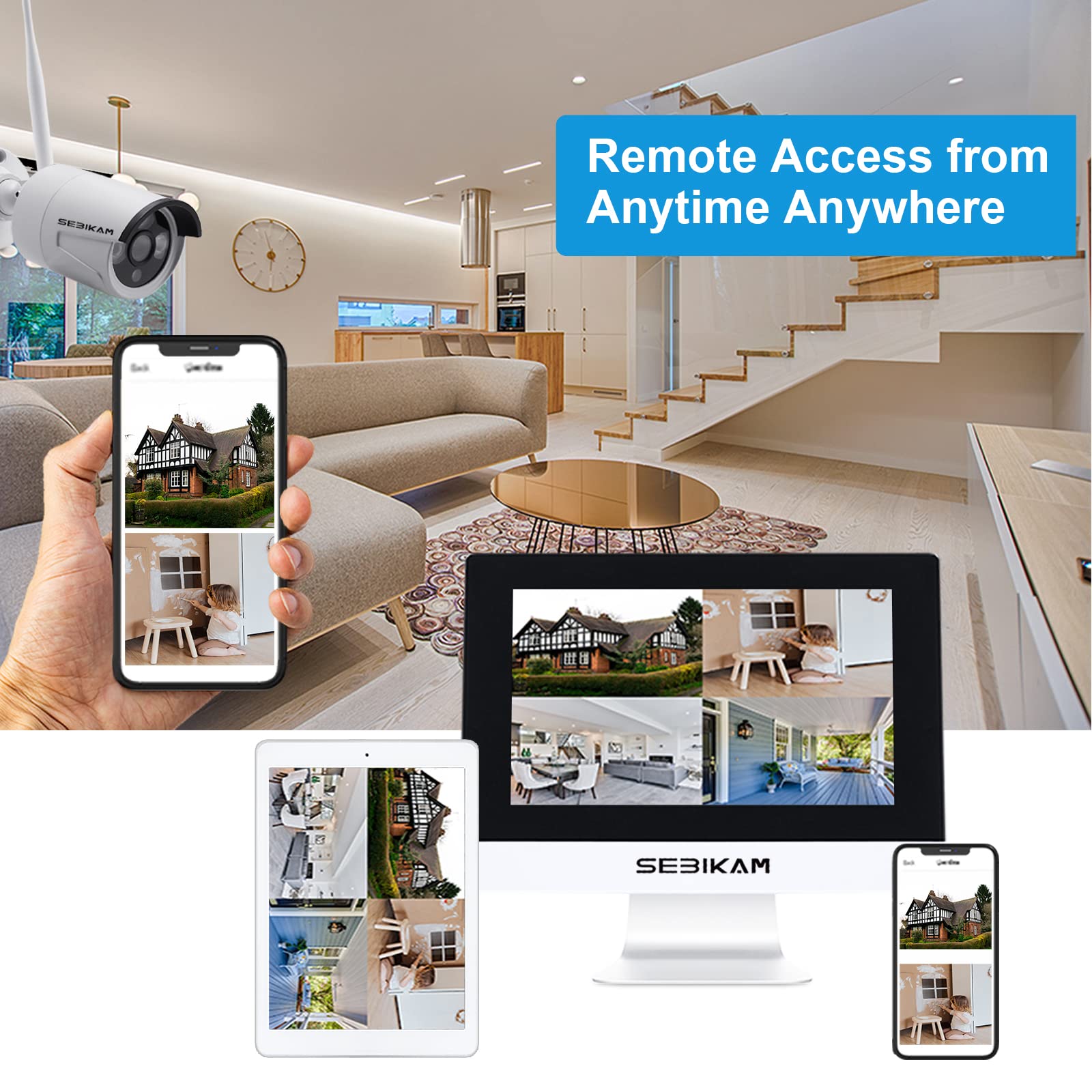 Rozszerzalny 10-kanałowy bezprzewodowy system kamer bezpieczeństwa z monitorem 25.7 cm, 4-pak 2K/3MP Indoor Outdoor IP66 wodoodporny 1-drożny dźwięk, Vision