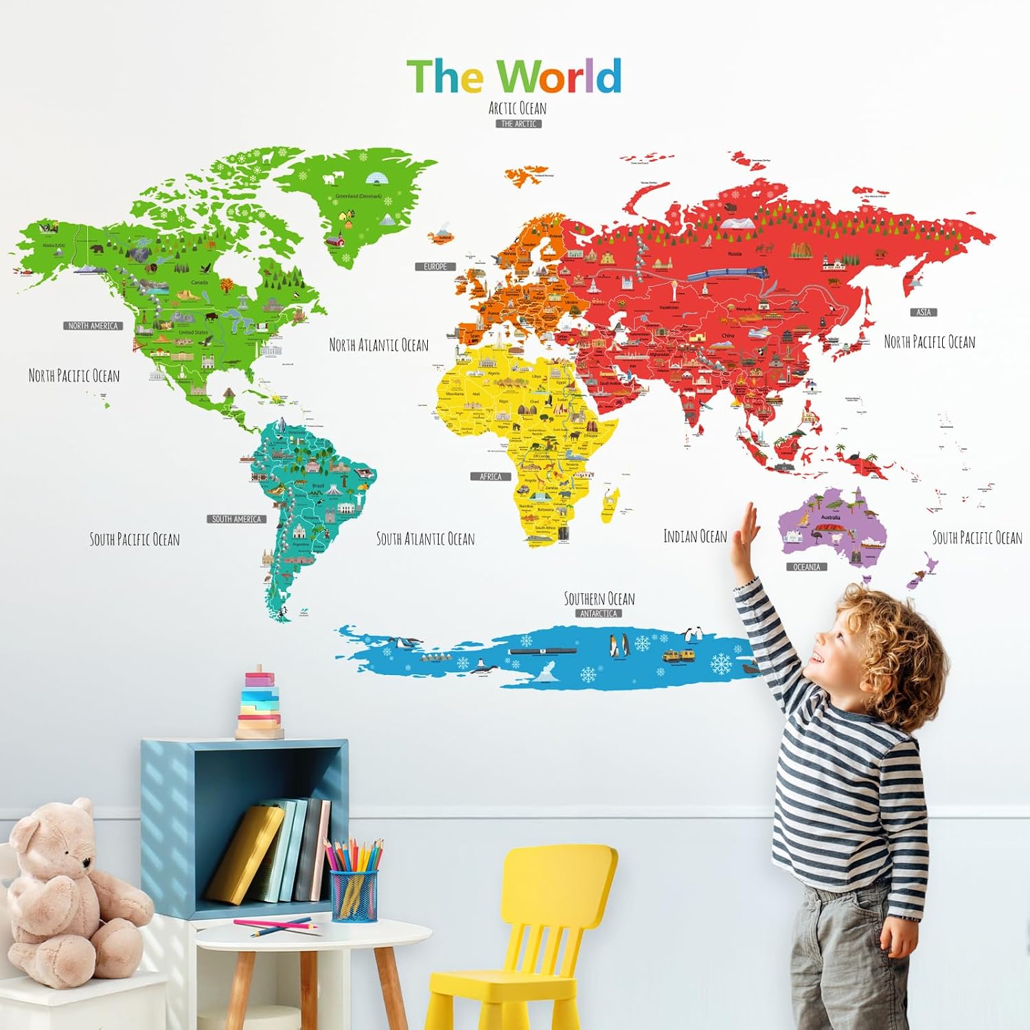 DECOWALL DL3-1902N XLarge Colorful Landmark World Map Wall Stickers (62x42 inch) Wall Decals Peel and Stick Removable Wall Stickers for Kids Nursery Bedroom Living Room décor