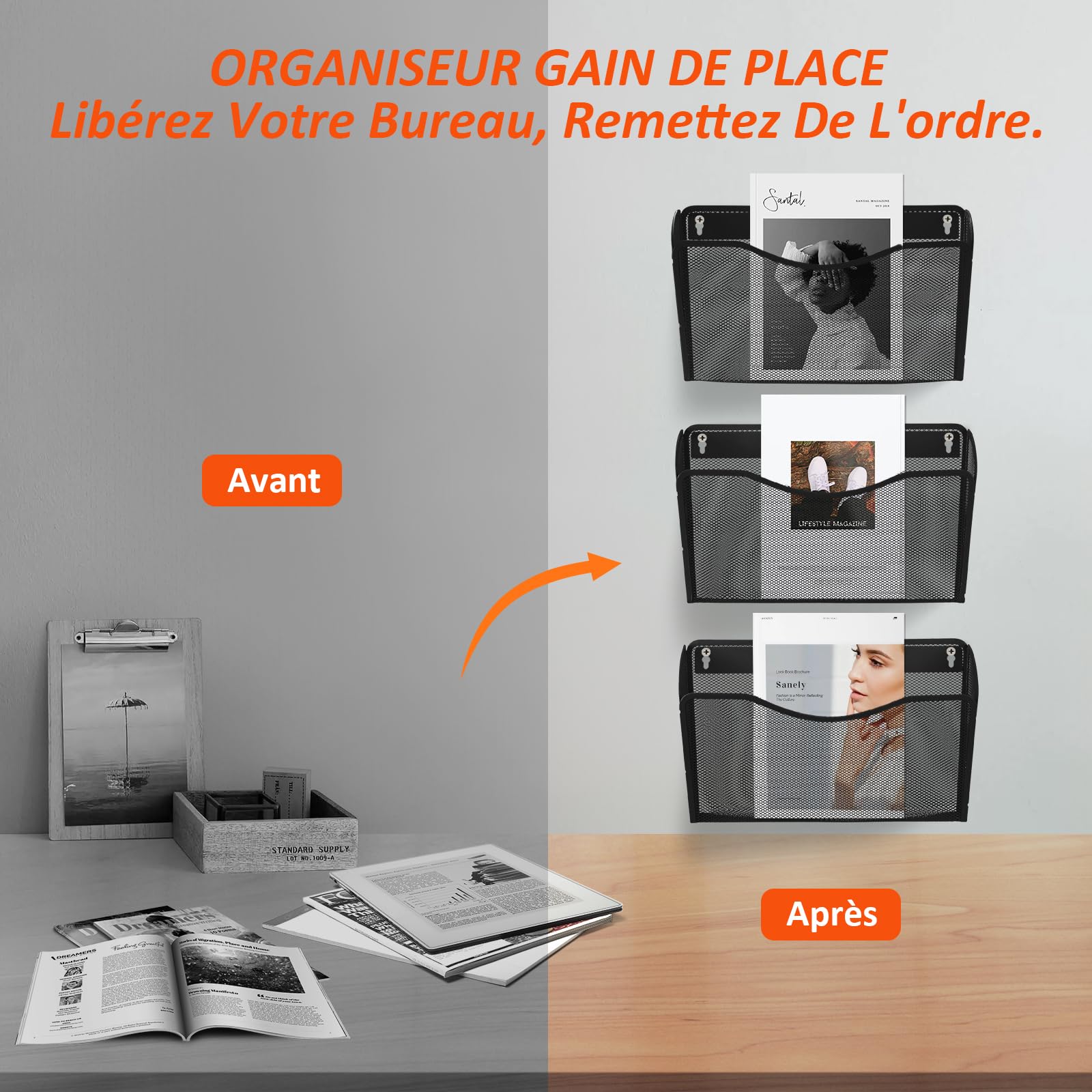 AGPTEK Porte-Documents Organiseur de Fichiers Dossiers Mural, 3 pièces, Mailles en Métal, Noir