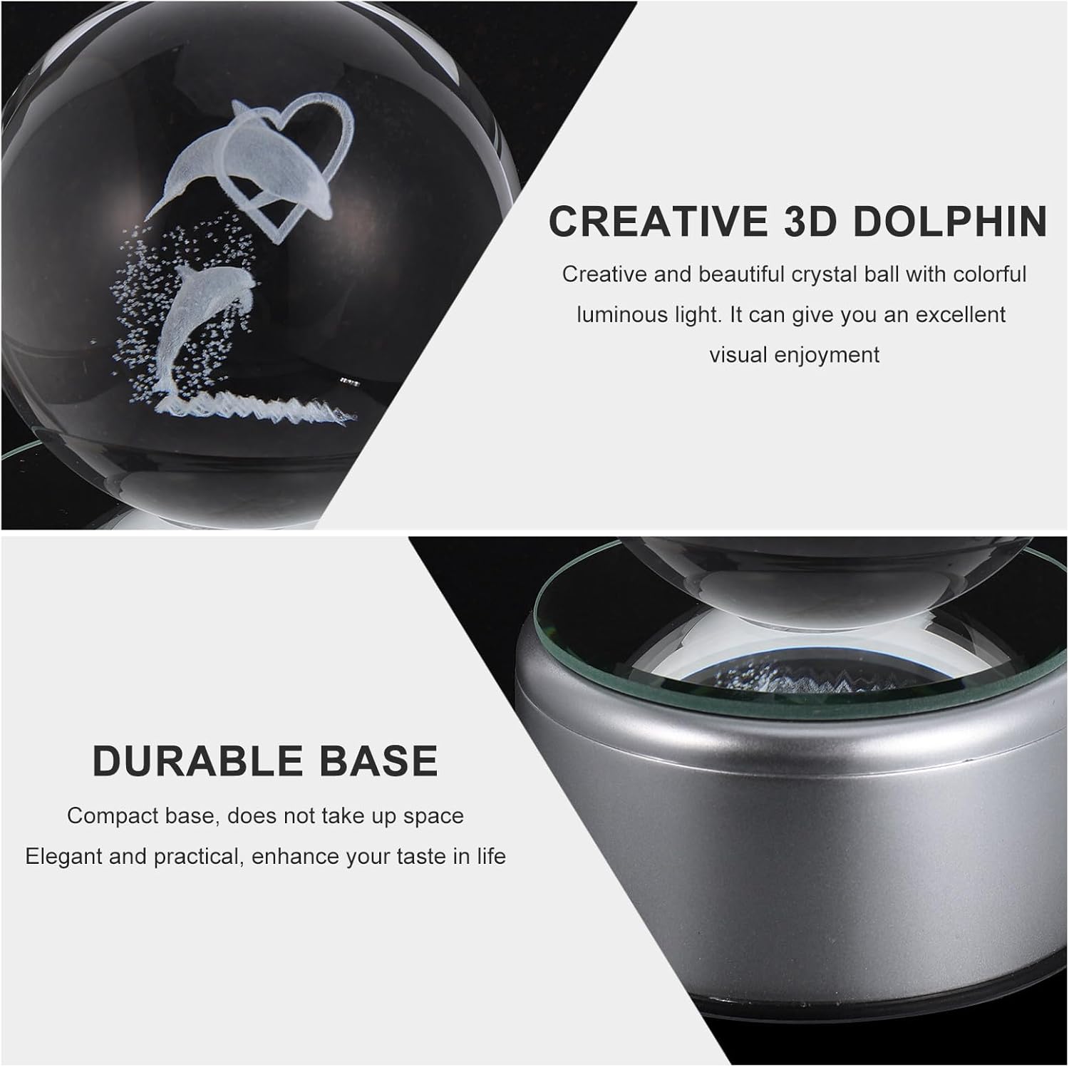 Luxshiny 3D Luminous Dolphin Crystal Ball 80mm with 9cm USB LED Color-Changing Rotating Base Decorative Ocean Animal Sphere for Tabletop Home Décor