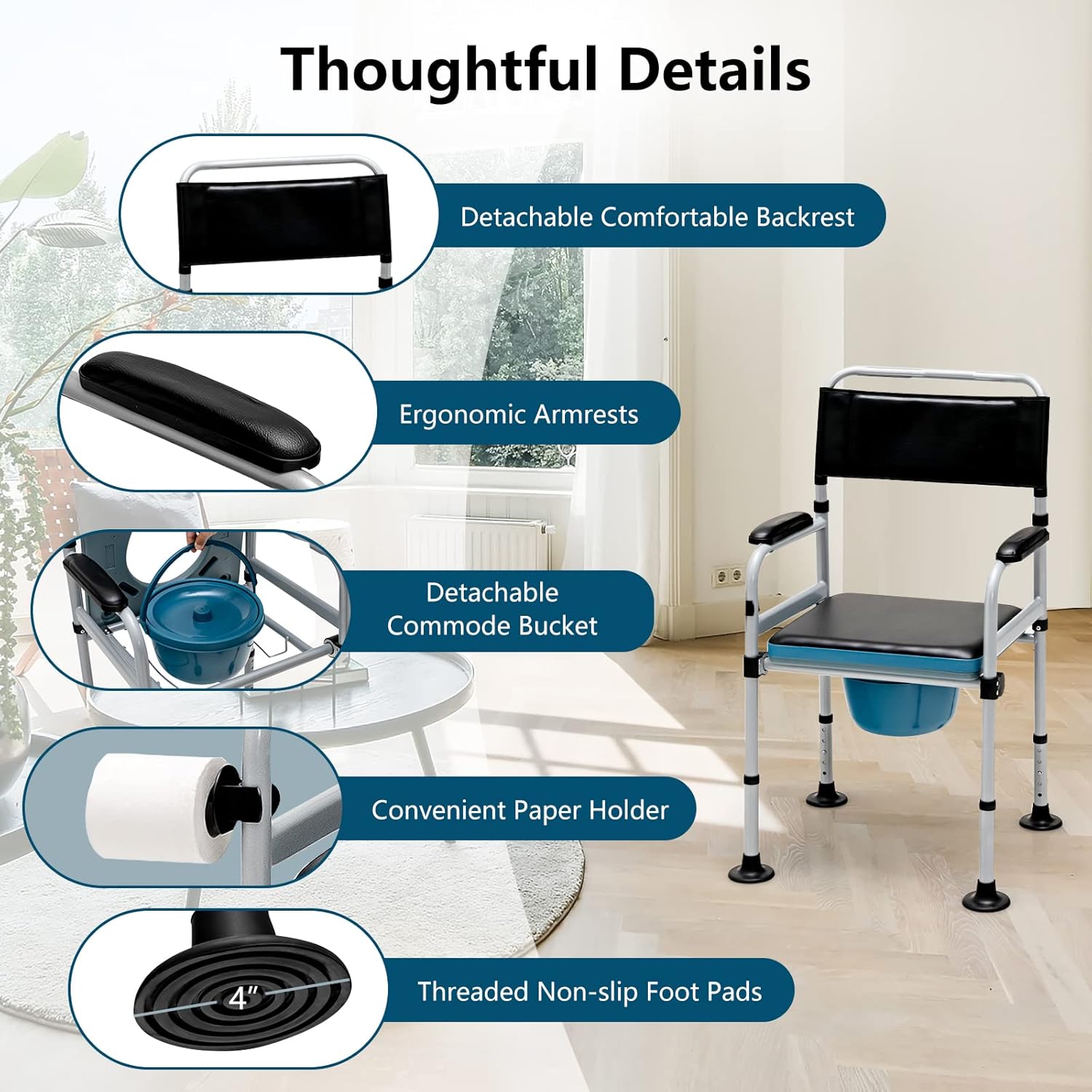 Goplus 4-in-1 Folding Bedside Commode, 440lbs Commode Chair for Toilet with Arms, Padded Seat, Height Adjustable Bedside Toilet, Shower Chair, Adult Potty Chair for Seniors Elderly Disabled Bariatric