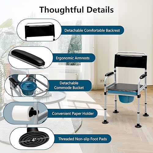 Miniatura 8 de Goplus Cómoda plegable 4 en 1, silla de inodoro de 440 libras para inodoro con brazos, asiento acolchado, inodoro de noche ajustable en altura,