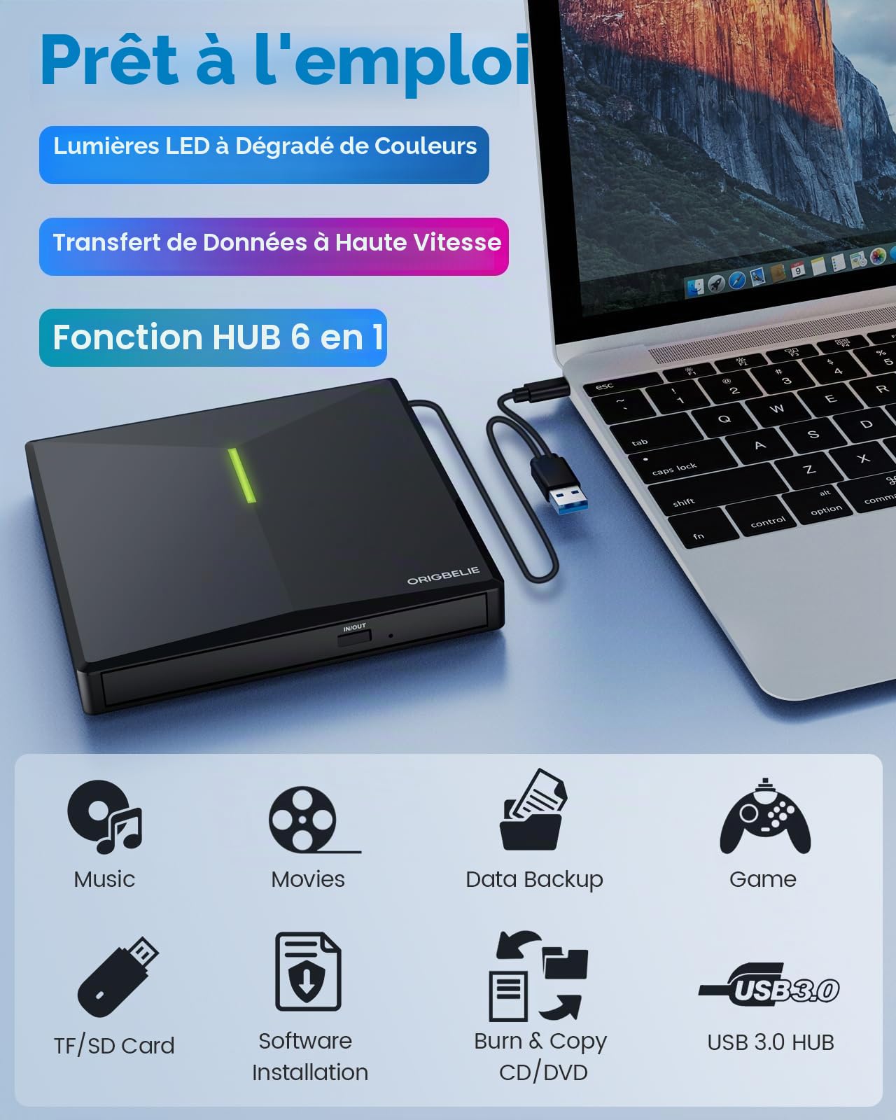 ORIGBELIE Graveur DVD Externe avec 4 Ports USB et 2 Emplacements pour Carte TF/SD, Lecteur CD Externe pour PC, Ordinateur Portable, MacBook, Windows 11/10/8/7 Linux Mac OS avec Boîte de Rangement