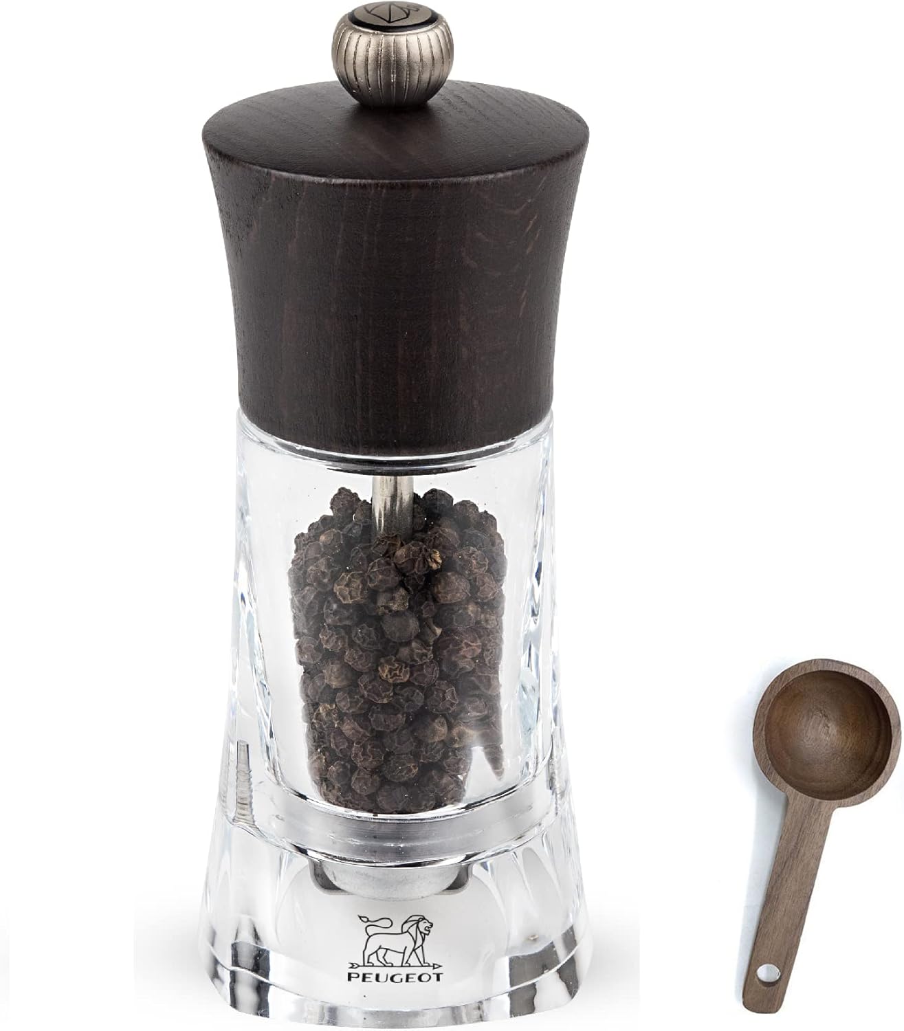 Peugeot - Oleron Manual Mill Pepper Mill - Transparent Adjustable Grinder - Acrylic and Beechwood, Chocolate, 5.5 Inches - With Wooden Spice Scoop Spoon