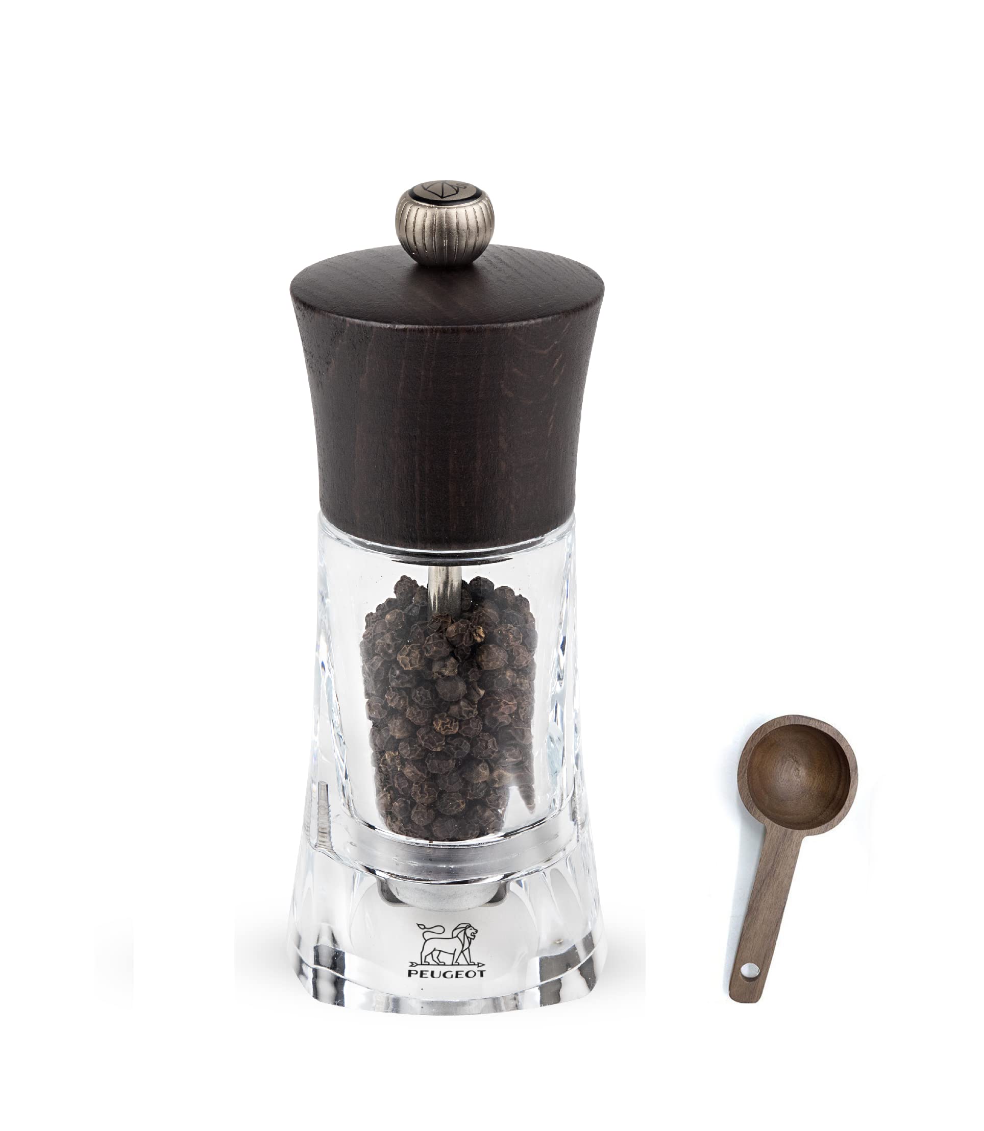 Peugeot - Oleron Manual Mill Pepper Mill - Transparent Adjustable Grinder - Acrylic and Beechwood, Chocolate, 5.5 Inches - With Wooden Spice Scoop Spoon