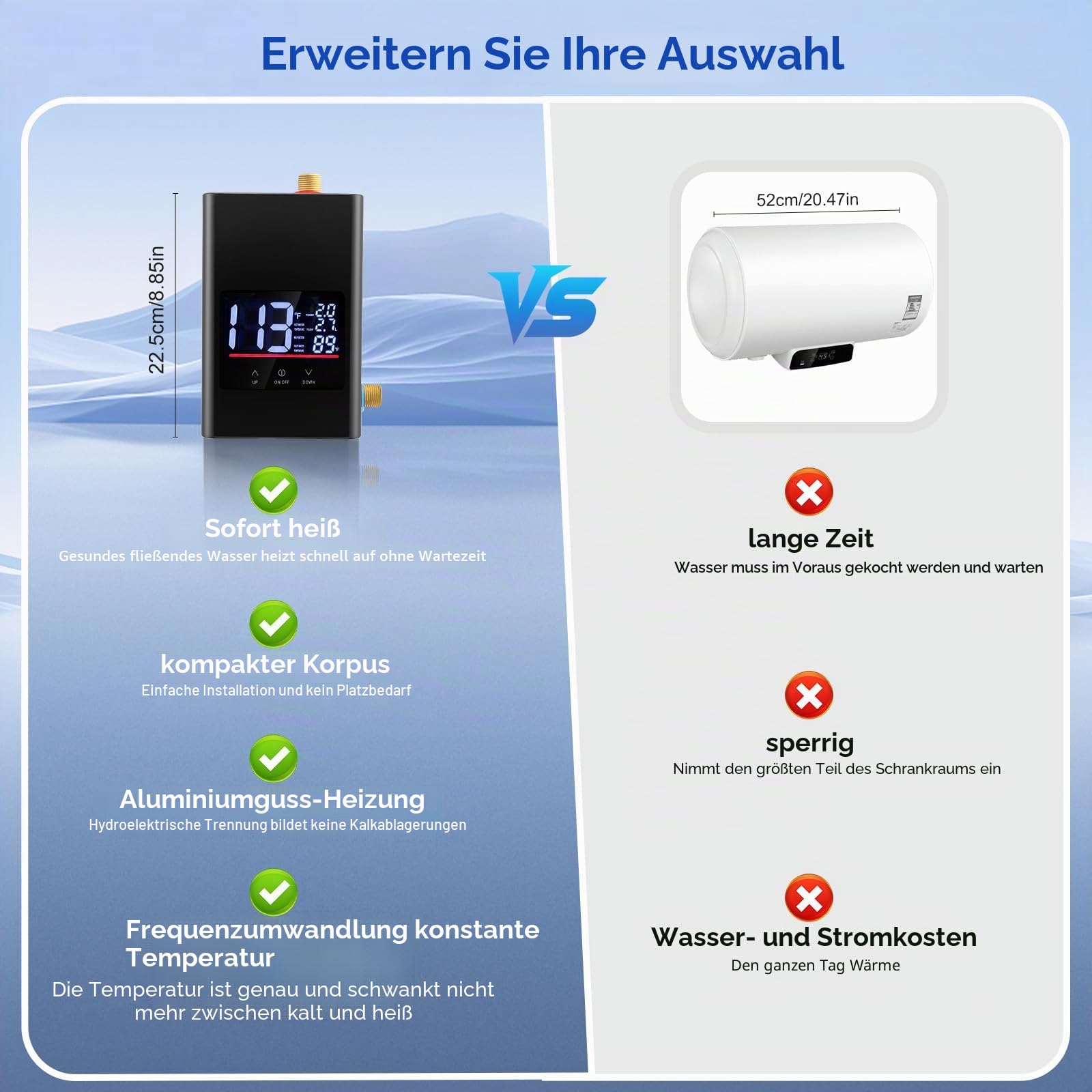 Durchlauferhitzer Küche 6000W 220V, kompakter Durchlauferhitzer klein mit Touch+Remote, LED Display, IPX4 – Mini Durchlauferhitzer für Spüle, Bad & Wohnmobil, Elektrische Warmwasserbereiter sofort hei