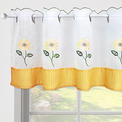 ZHH E-COMMERCE Cenefa de cocina de girasol para ventanas, cenefas bordadas pastorales, decoración de ventana semi-sombreada, cenefa de gasa floral,