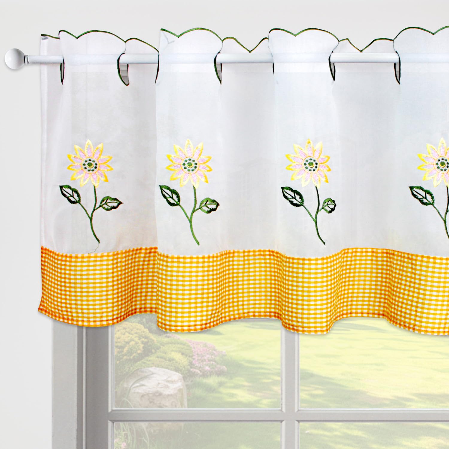 ZHH E-COMMERCE Short Cafe Curtains for Windows White - 18 inch Voile Curtain, Valance with Sunflower Embroidery for Kitchen,Balcony, Bedroom, Living Room, 45x145cm / 18x57 inch