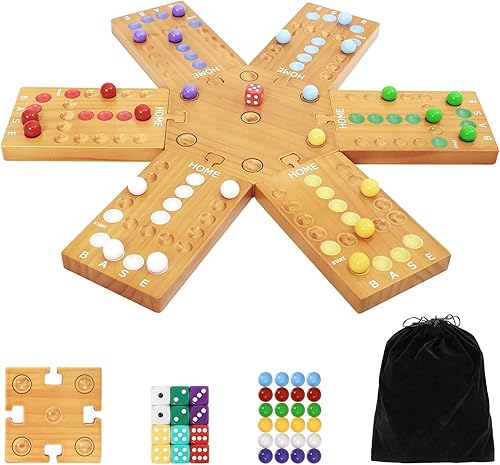 Juego de mesa de mármol, juego de mesa de madera para 4 y 6 jugadores, juego de mármol original portátil con 24 canicas, 12 dados para familiares y
