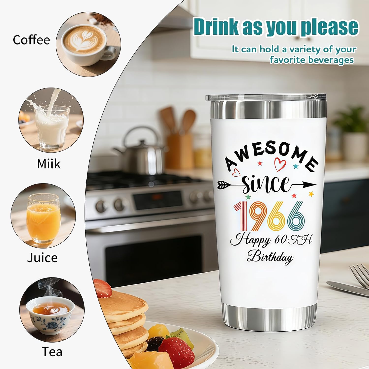 60th Birthday Gifts for Women Her - Happy 60 Year Old Gifts For Mom, Wife, Sister - Fabulous 60th Birthday Decorations for Woman - Awesome Since 1966 White 20 Oz Tumbler, Insulated Cup - Image 3