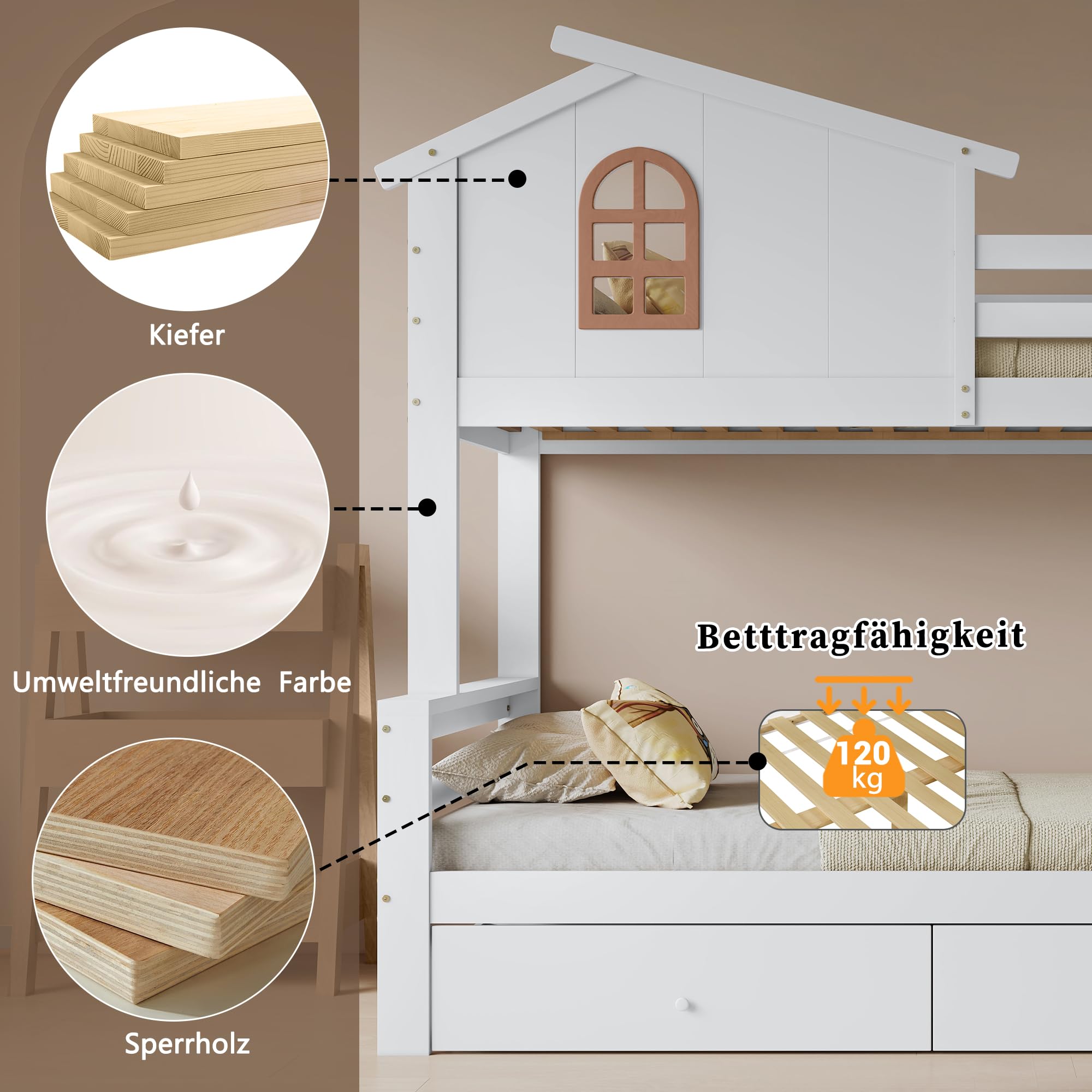 Lit Superposé 90x200 pour Utilisation Régulière Lit Tiroir pour Matelas Choisi Séparément Single Bed avec 2 Tiroirs avec Échelle Structure en Bois Massif avec Rangement Intégré Appartement