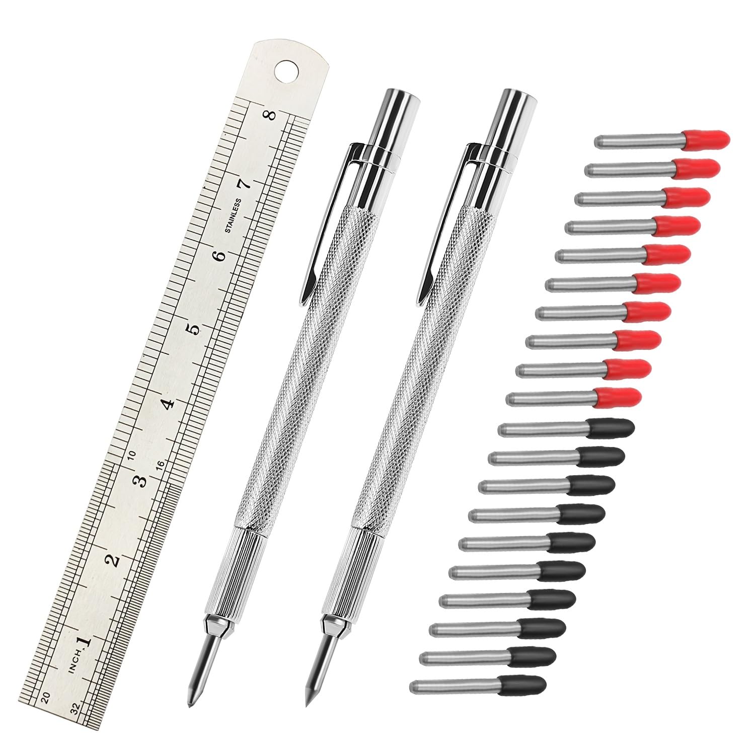 2 Pack Tungsten Carbide Scriber with Magnet,with Extra 20 Replacement Marking Tips and 8Inches Ruler, Etching Engraving Pen for Glass/Ceramics/Metal Sheet