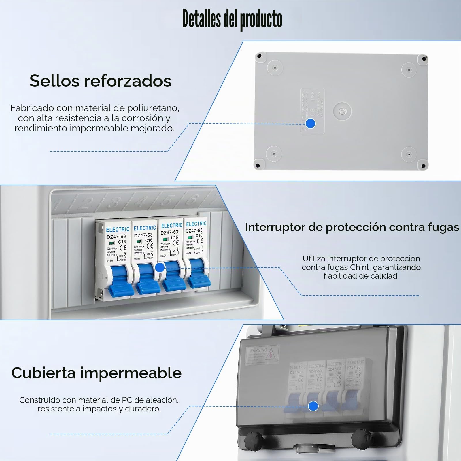 Caja de Distribución Eléctrica para Obra 16A, Distribuidor de Corriente 230V para Construcción IP67 para Montaje en Pared con con 4 Enchufes Schuko Disyuntor, para Talleres, Fábricas y Obras