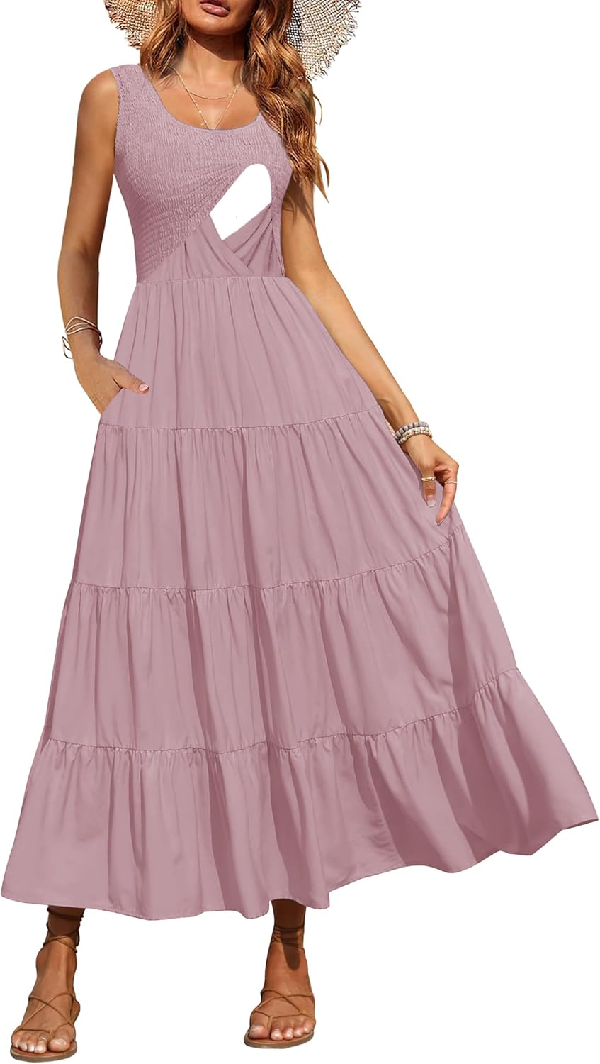 CzzzyL Women's Nursing Dresses Smocked Crew Neck Summer Sleeveless Tiered Maxi Dress with Pockets