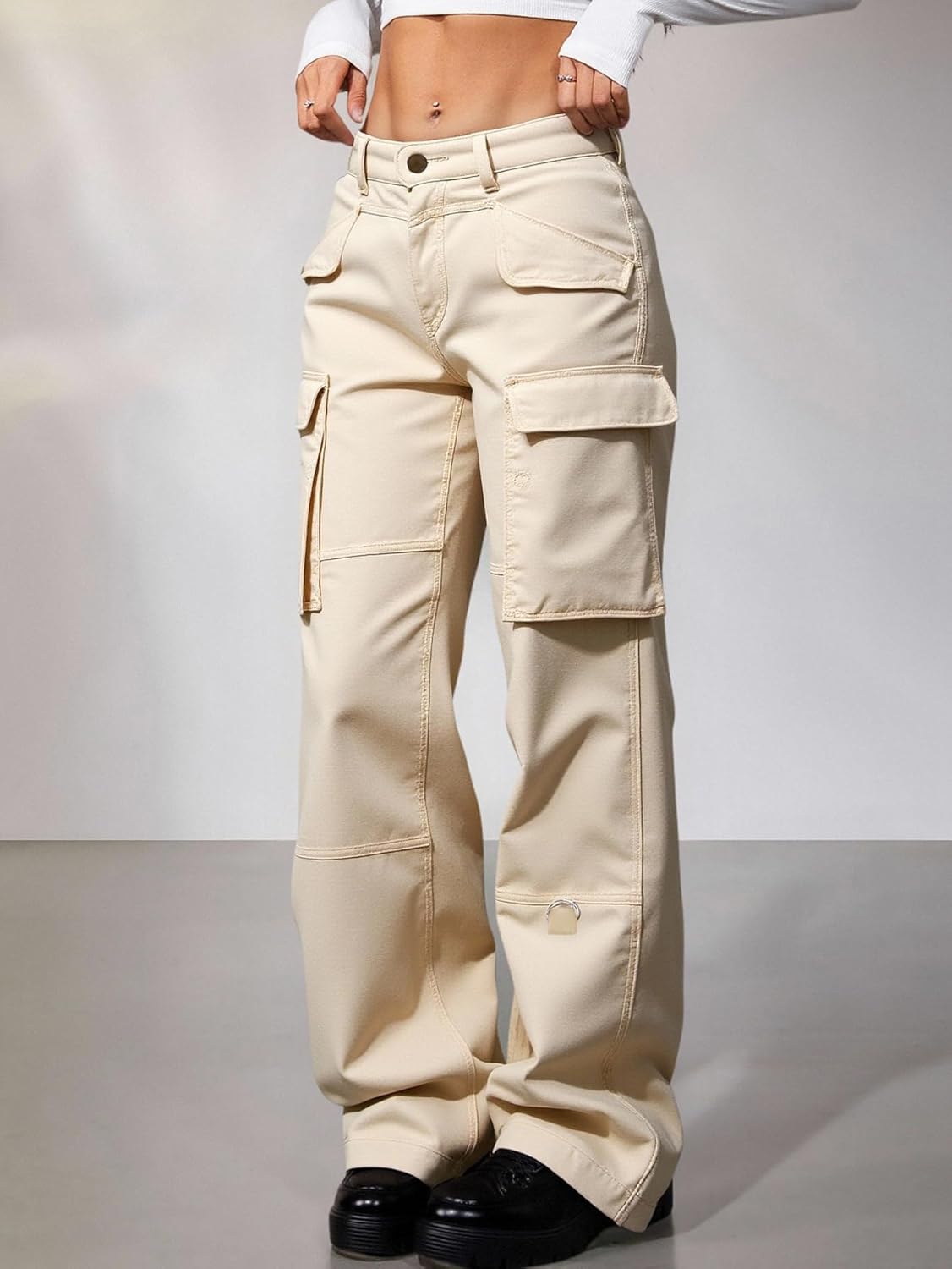 Women's Wide Leg Cargo Pants Y2k High Elastic Waist Baggy Rave Trousers Streetwear - Image 2