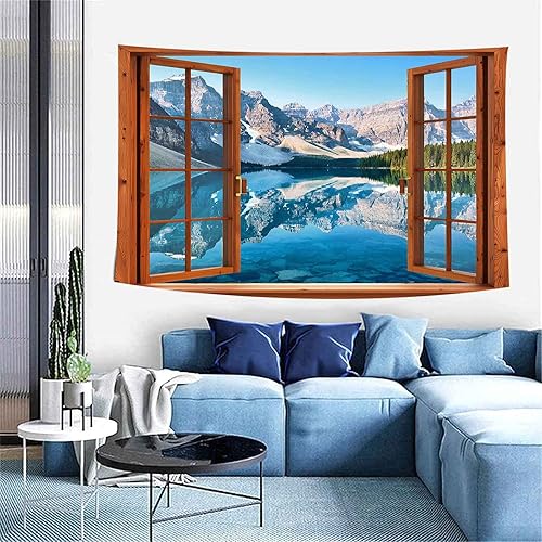 Vista 2 de Aidatain Tapiz de ventana de montaña, lago, bosque, escena, paisaje natural, para colgar en la pared, tapices grandes de franela de 40 x 30