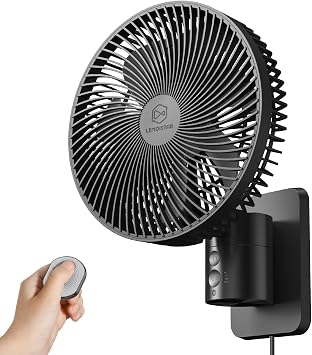LEMOISTAR 8 Inch Small Wall Mounted RV Fan with Remote Control, 90 Oscillating, 4 Speeds, 4 Timer, Adjustable Tilt, 70 Inch Cord, Quiet, for Corner Bedroom Home Office Garage-Black