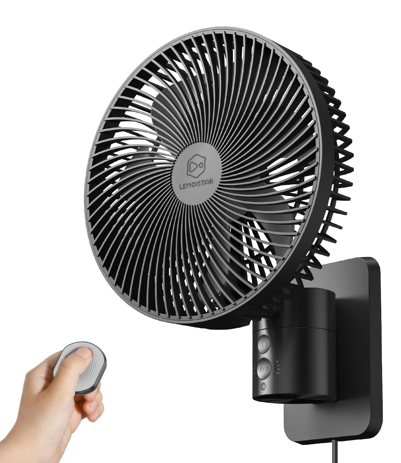 Photo 1 of LEMOISTAR 8 Inch Small Wall Mounted RV Fan with Remote Control, 90° Oscillating, 4 Speeds, 4 Timer, Adjustable Tilt, 70 Inch Cord, Quiet, for Corner Bedroom Home Office Garage-Black