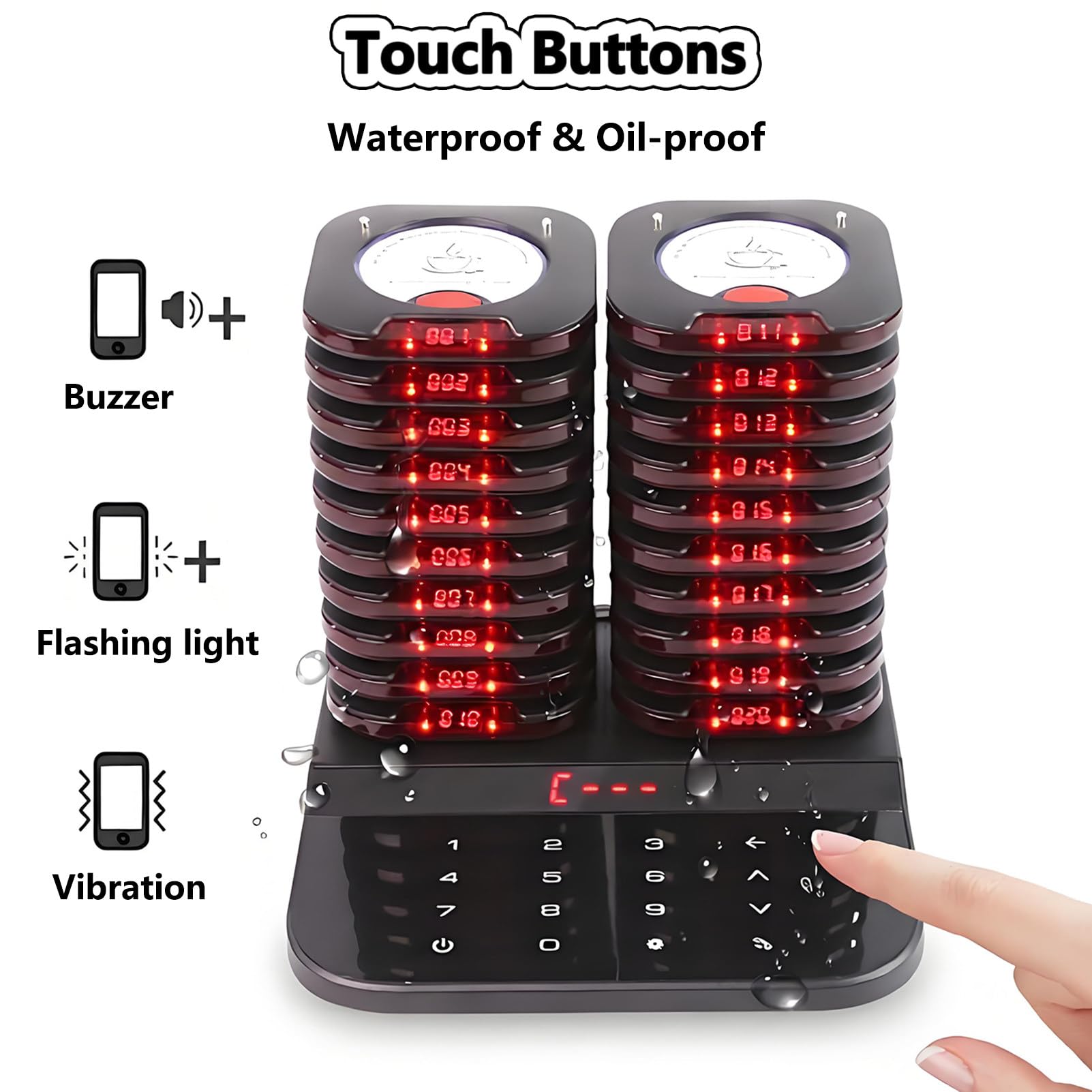 Buscapersonas para Restaurantes, Llamador de Mesa Hosteleria 20 Pagers, Teclado Táctil, Batería de 300 Mah y Alertas de Zumbido, Vibración y Luz, para Camiones de Comida, Cafeterías