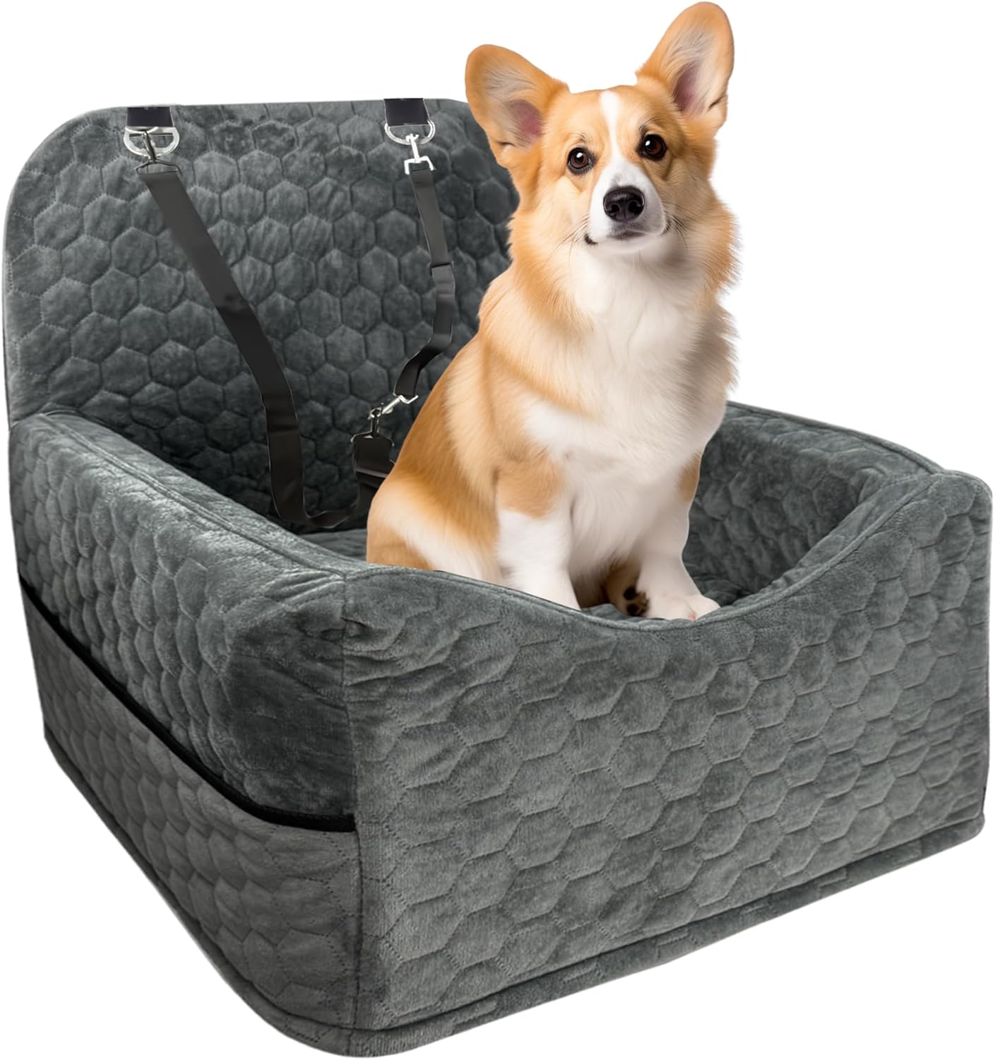 Dog Car Seat, Soft Memory Foam Filled Three-Dimensional Pet Safety Seat, Detachable, Machine Washable, Anti-Skid Base, Suitable for Small and Medium-Sized Dog Car Travel Warm Nest, 2 Safety (Gray)