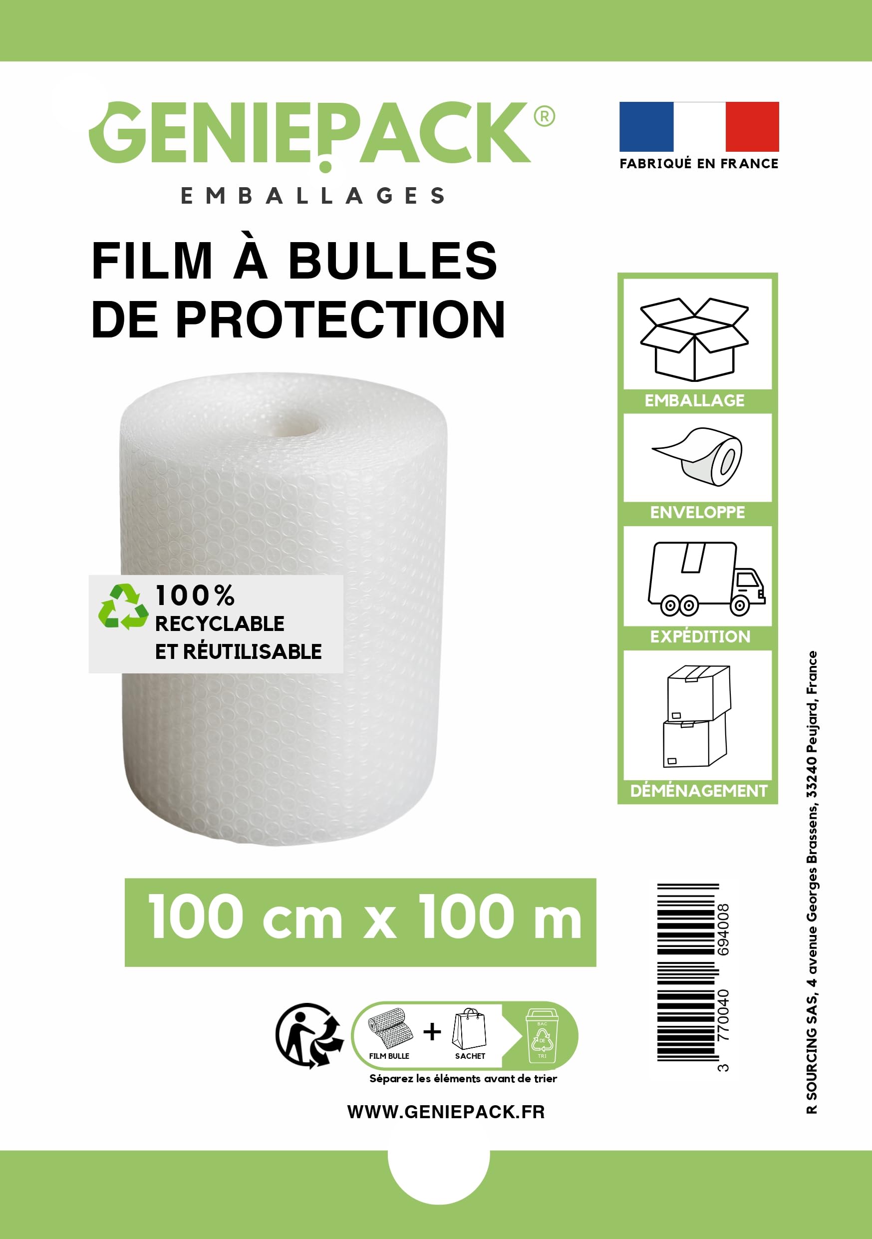 Film À Bulles Professionnel 100 cm x 100 m 60 Microns Bulles 10mm Protection Emballage Colis Déménagement