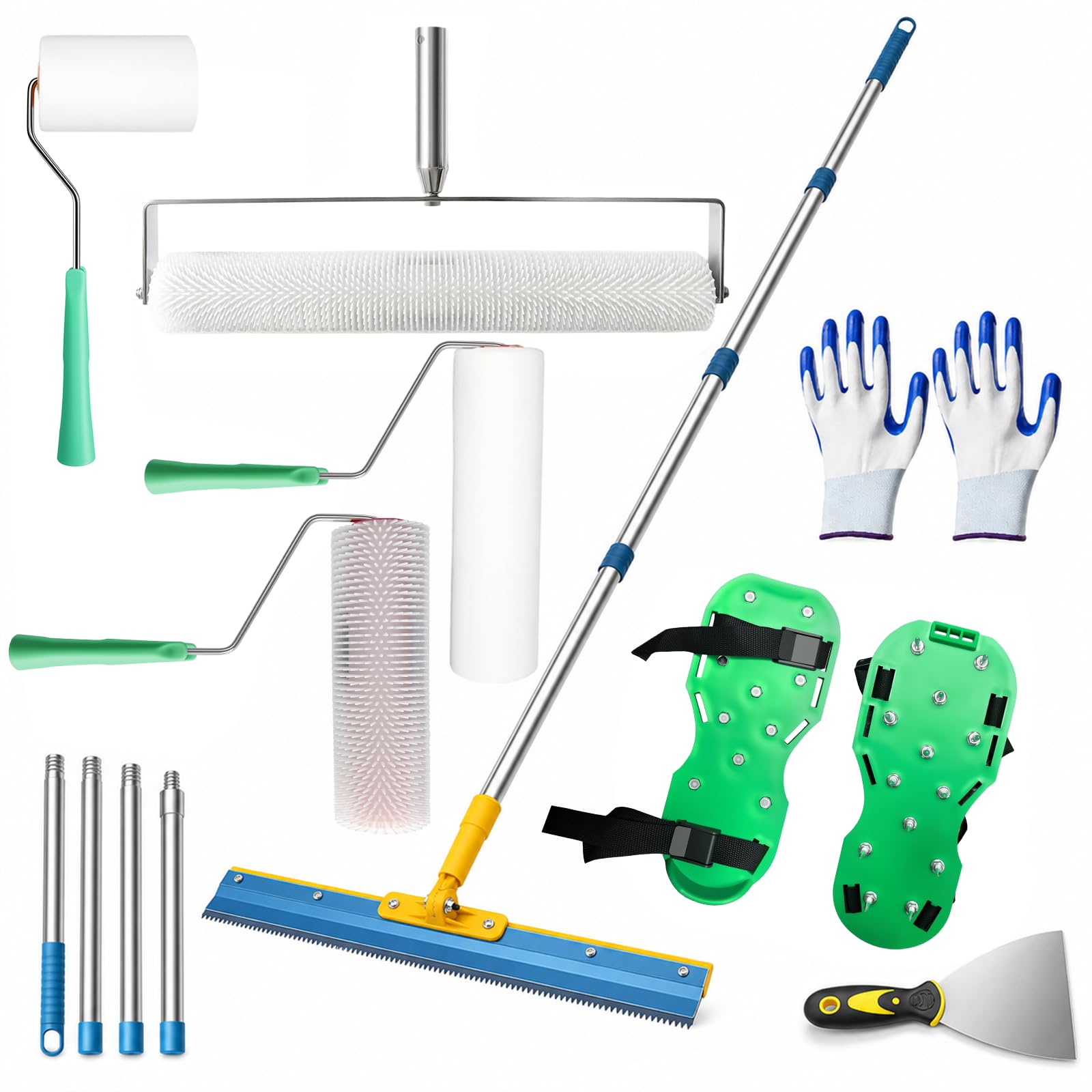 Kit de herramientas de hormigón autonivelante, juego de herramientas de piso epoxi con rodillos de pinchos de 9 pulgadas + 20 pulgadas, postes de extensión de 1,6 m, zapatos con pinchos
