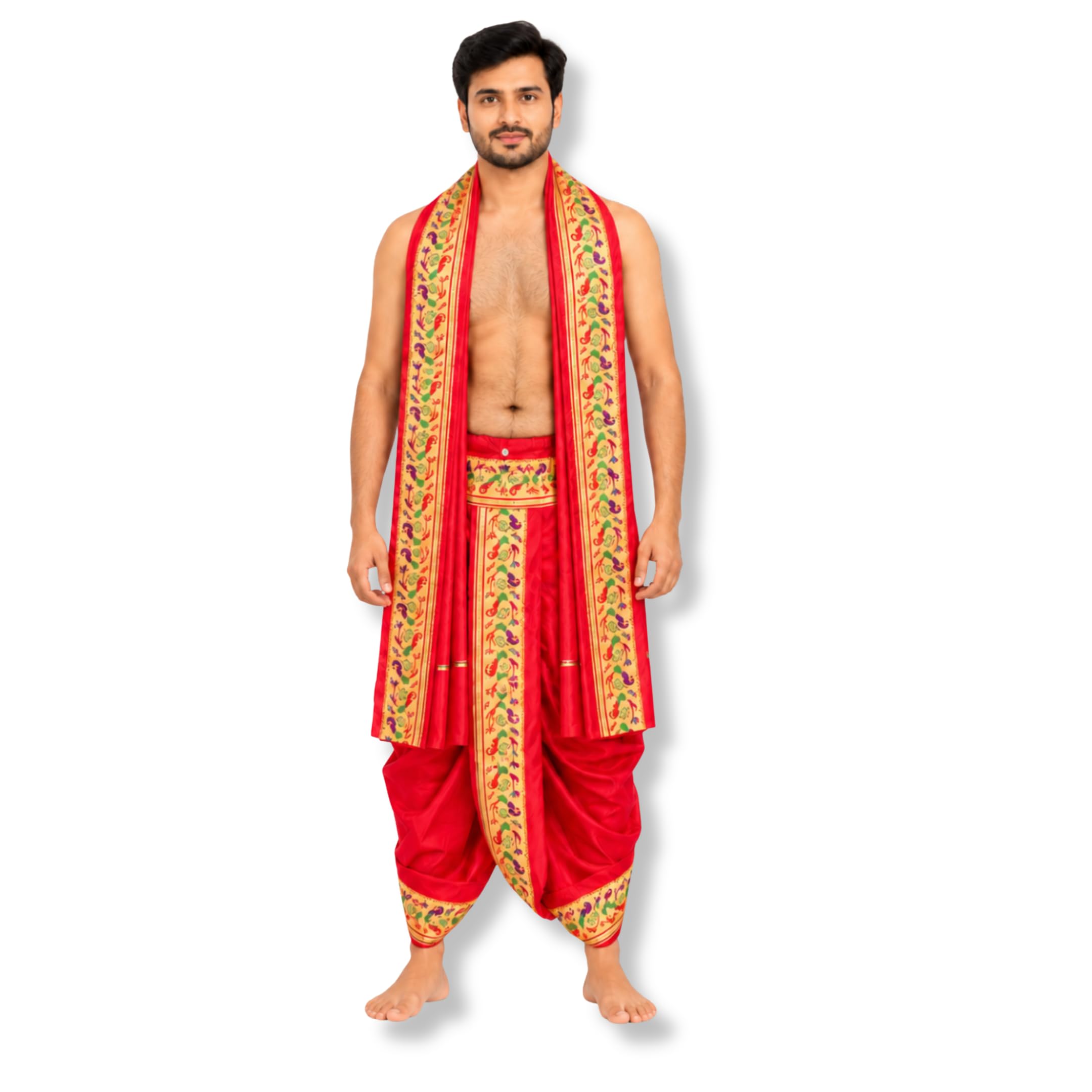 haldi mehendi shaadi Readymade Men’s Paithani Dhoti Pants + Uparna | Stitched Dhoti for Men & Boys | Wedding, Festival, Puja Wear | Veshti Dhotar Mundu with Golden Border, nada-picture-33