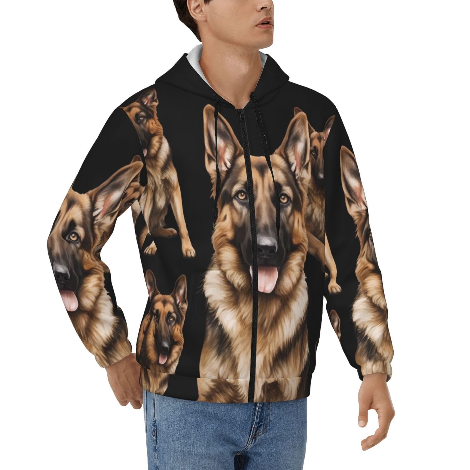 Dfepfkgokl Men's 3 D Graphic Hoodies Zip Up Hoodie German Shepherd Dog Print Casual Lightweight Full-Zip Sweatshirt Jackets Long Sleeve Hooded With Comfortable Fit