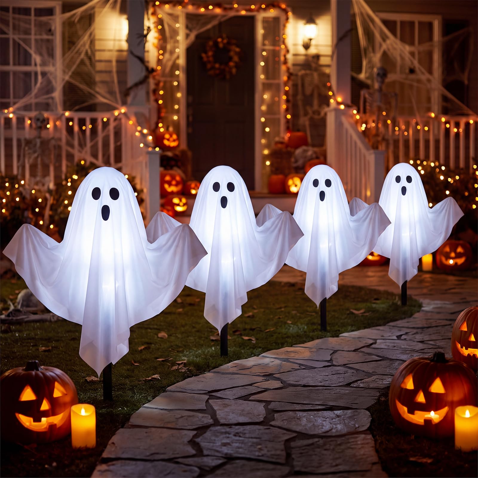 View 1 of 11.5FT Halloween Ghost Pathway Lights, 4PK Light up Ghosts Outdoor