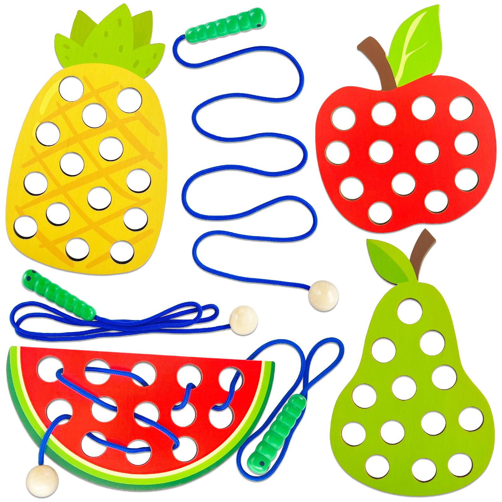4 Pack Wooden Lacing Toy for Toddlers,Educational Threading Activity Puzzle Toys,Learning Fine Motor Skills Travel Game Toys for Kids 3-5,1 Pineapple,1 Pear,1 Apple,1 Watermelon